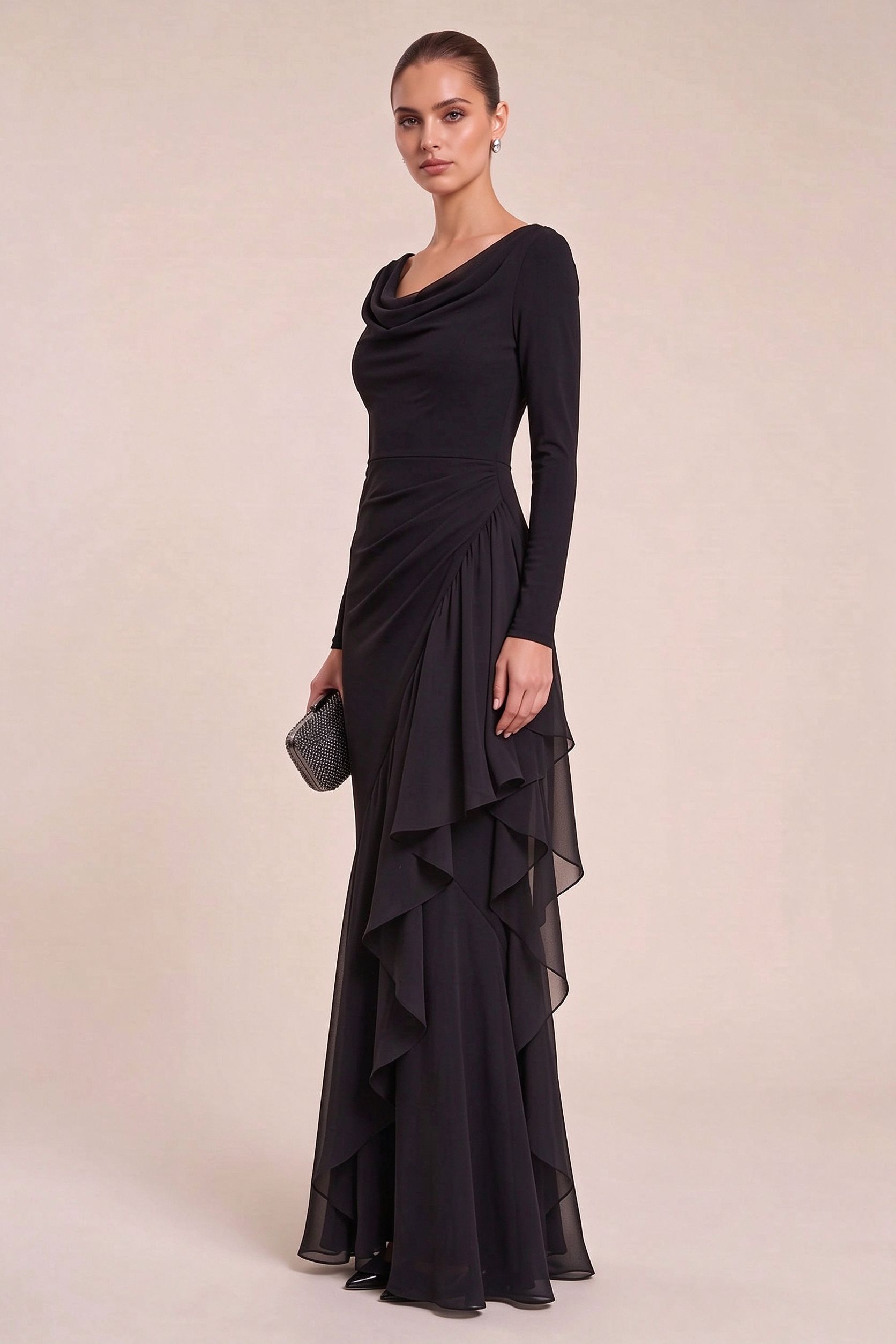 Black Mermaid Evening Gown with Sheer Ruffle Detail