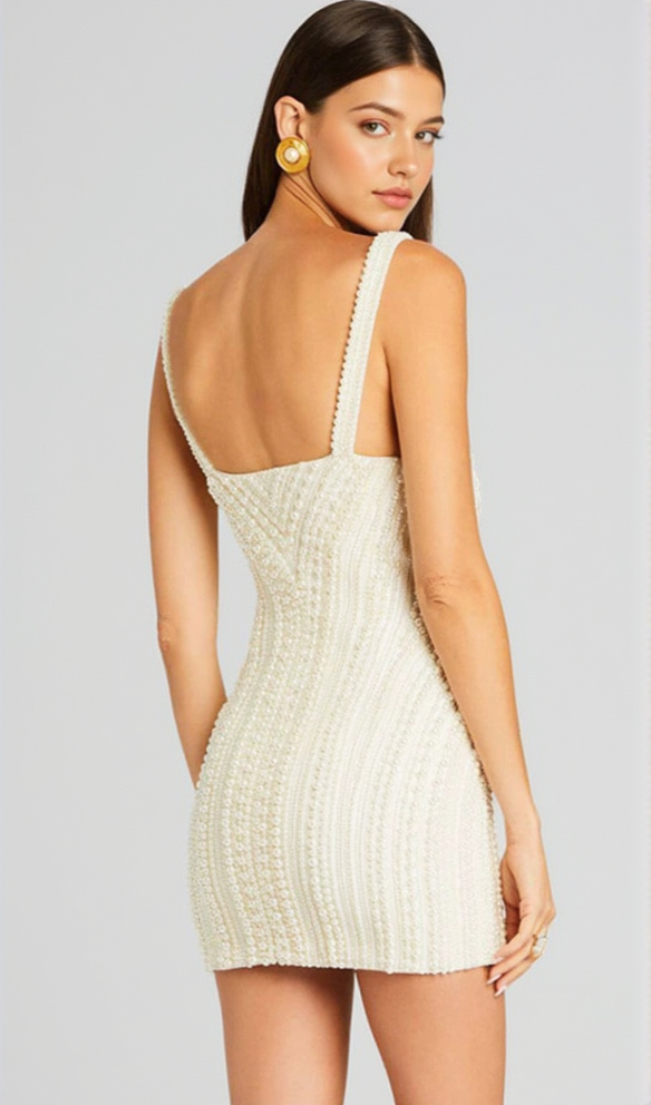 PEARL STUDDED WHITE MINI BODYCON DRESS