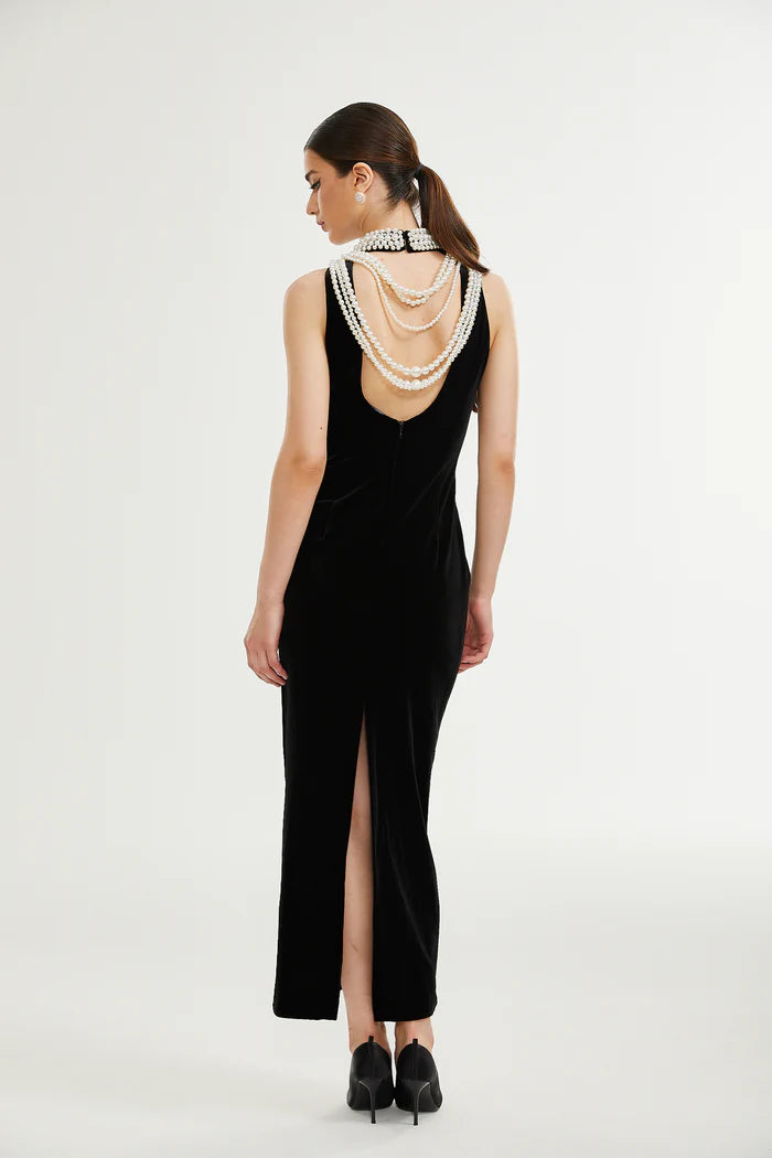 Velvet Faux Pearl Sleeveless Midi Dress