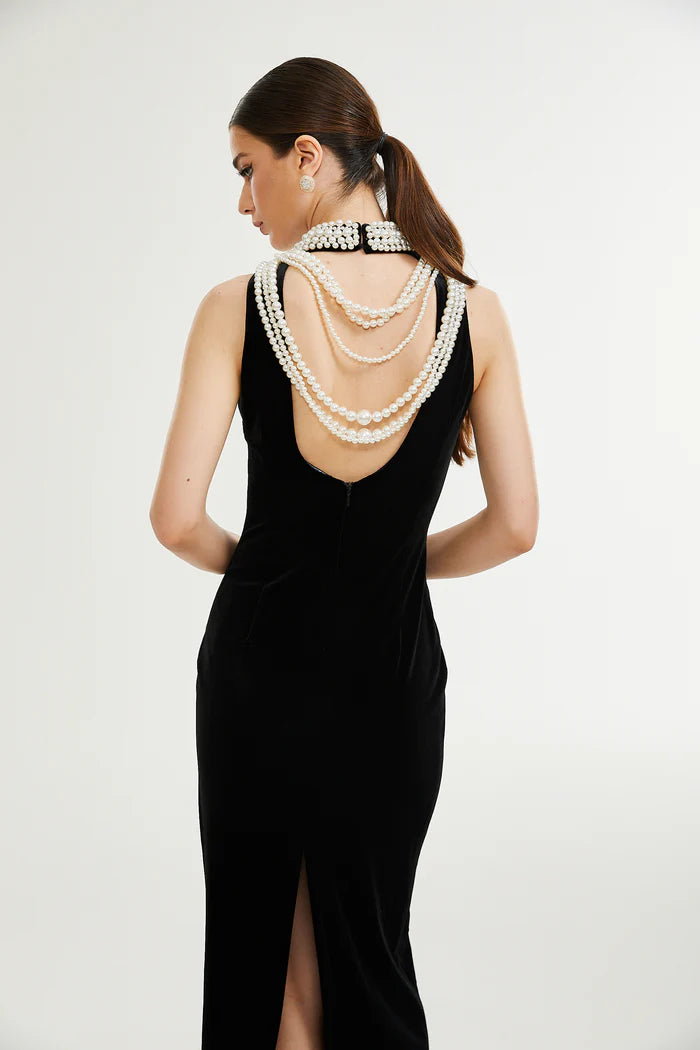 Velvet Faux Pearl Sleeveless Midi Dress