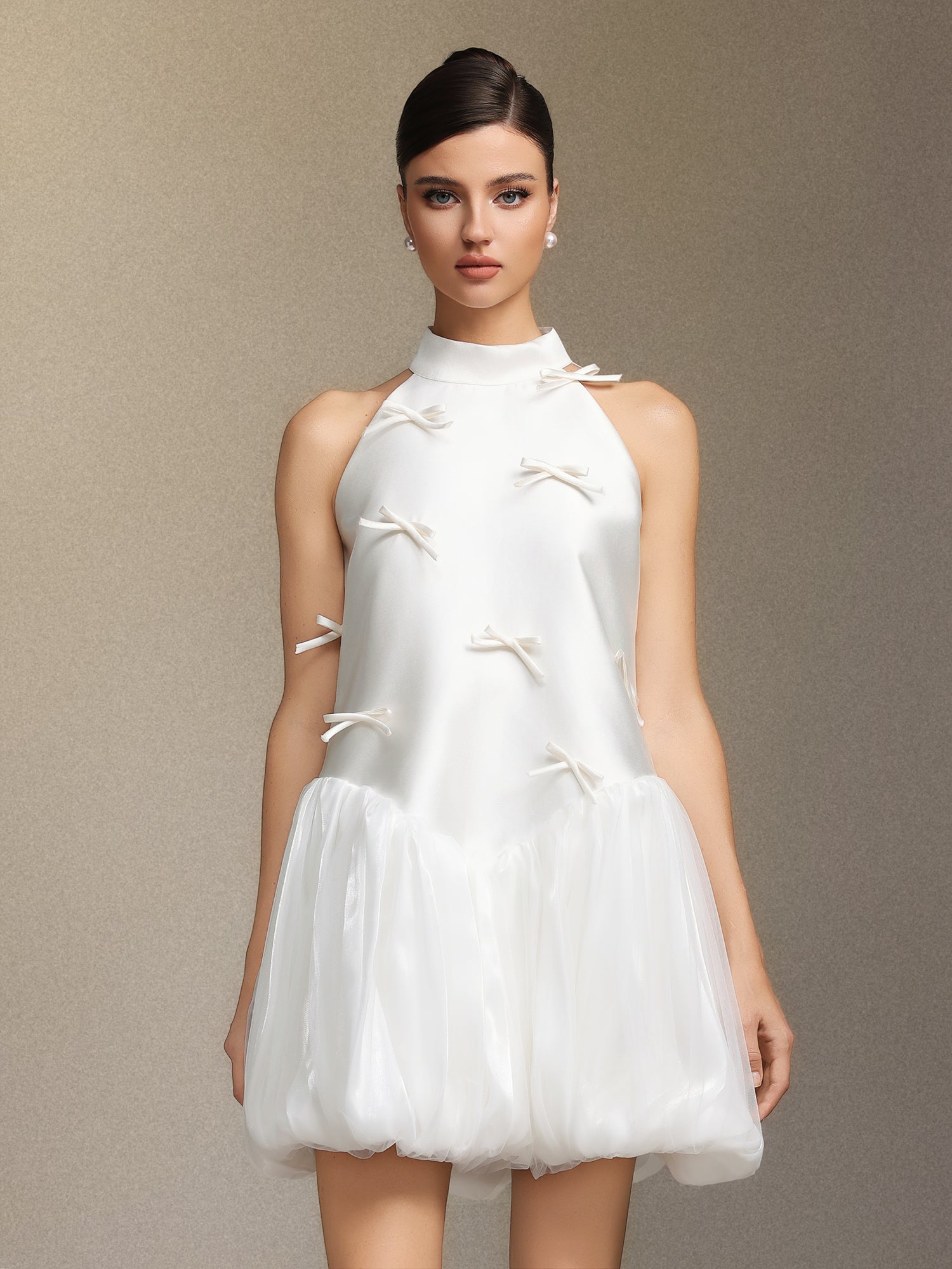 White Strapless Satin Puffy Mini Dress