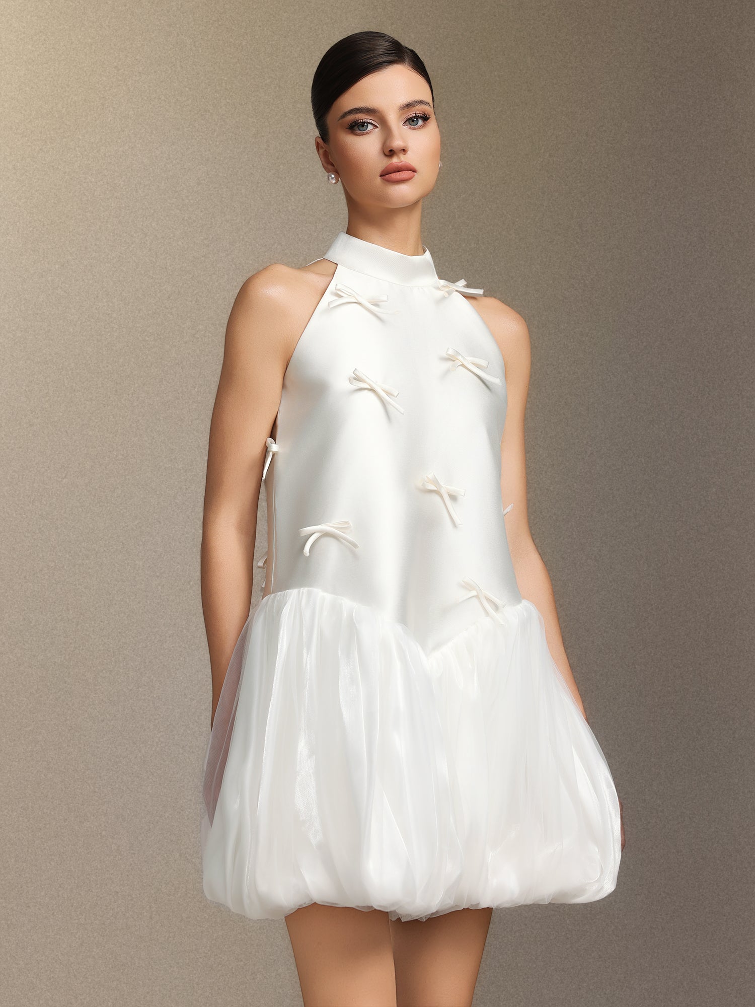 White Strapless Satin Puffy Mini Dress