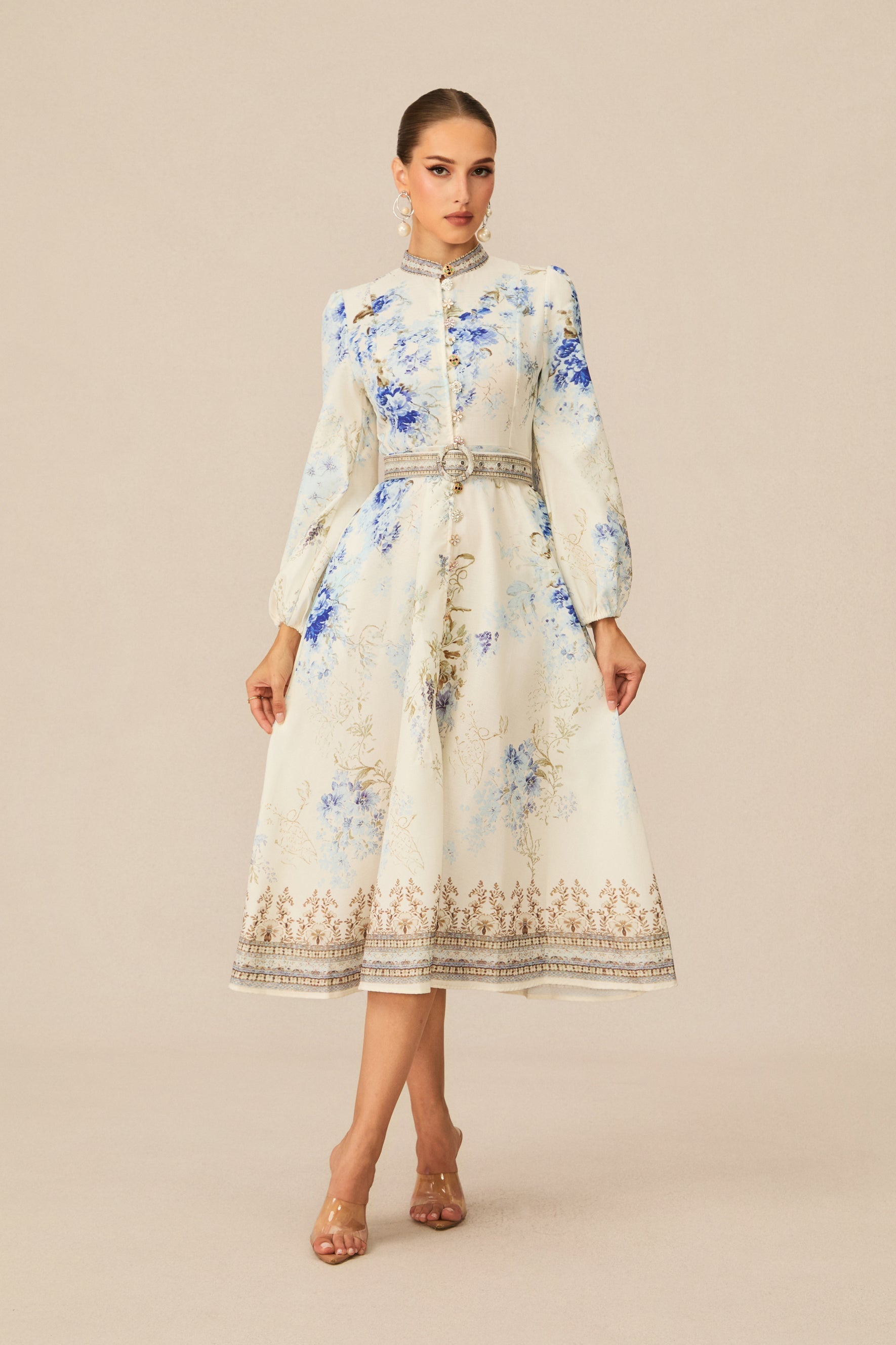 White Floral Print Midi Dress