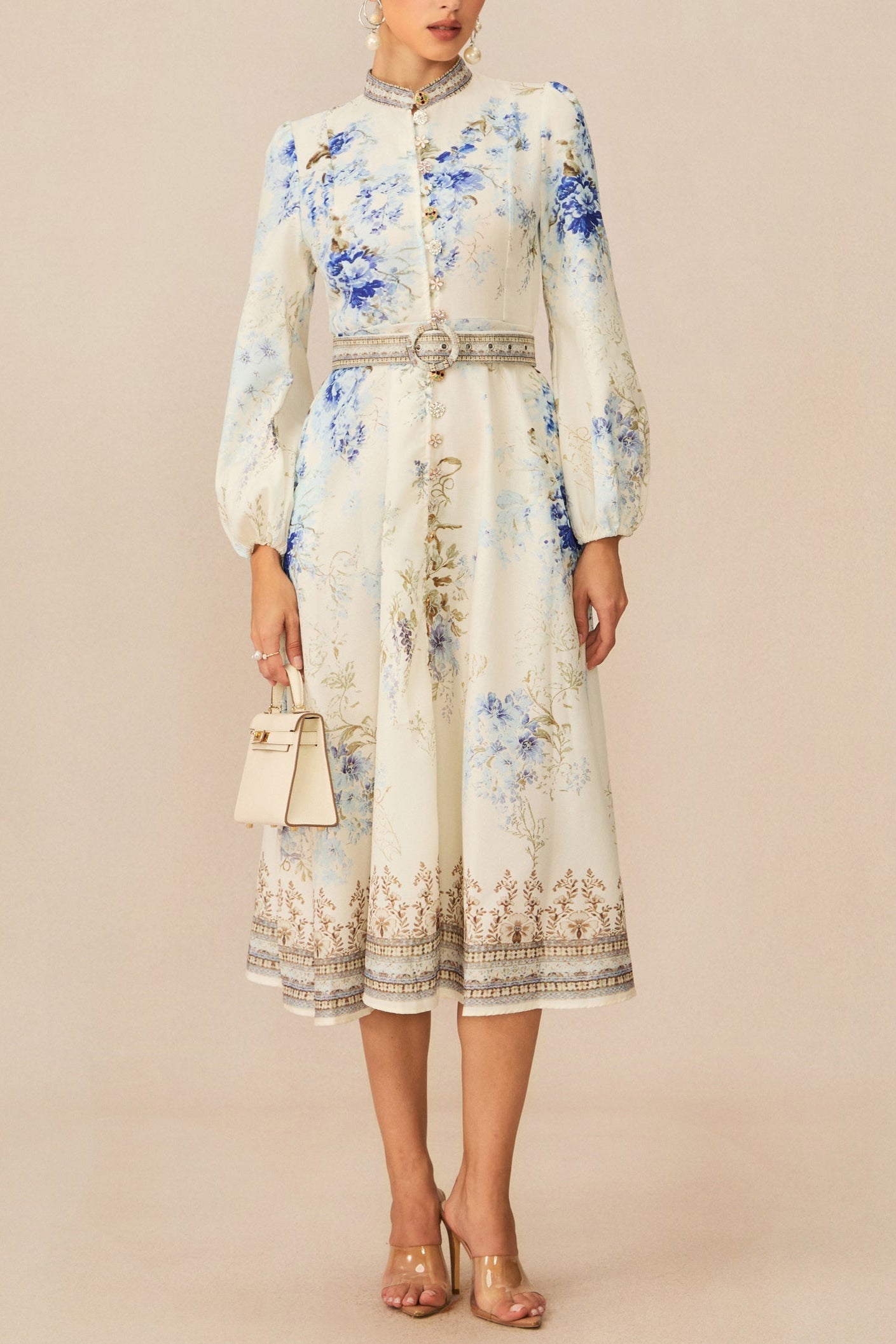 White Floral Print Midi Dress