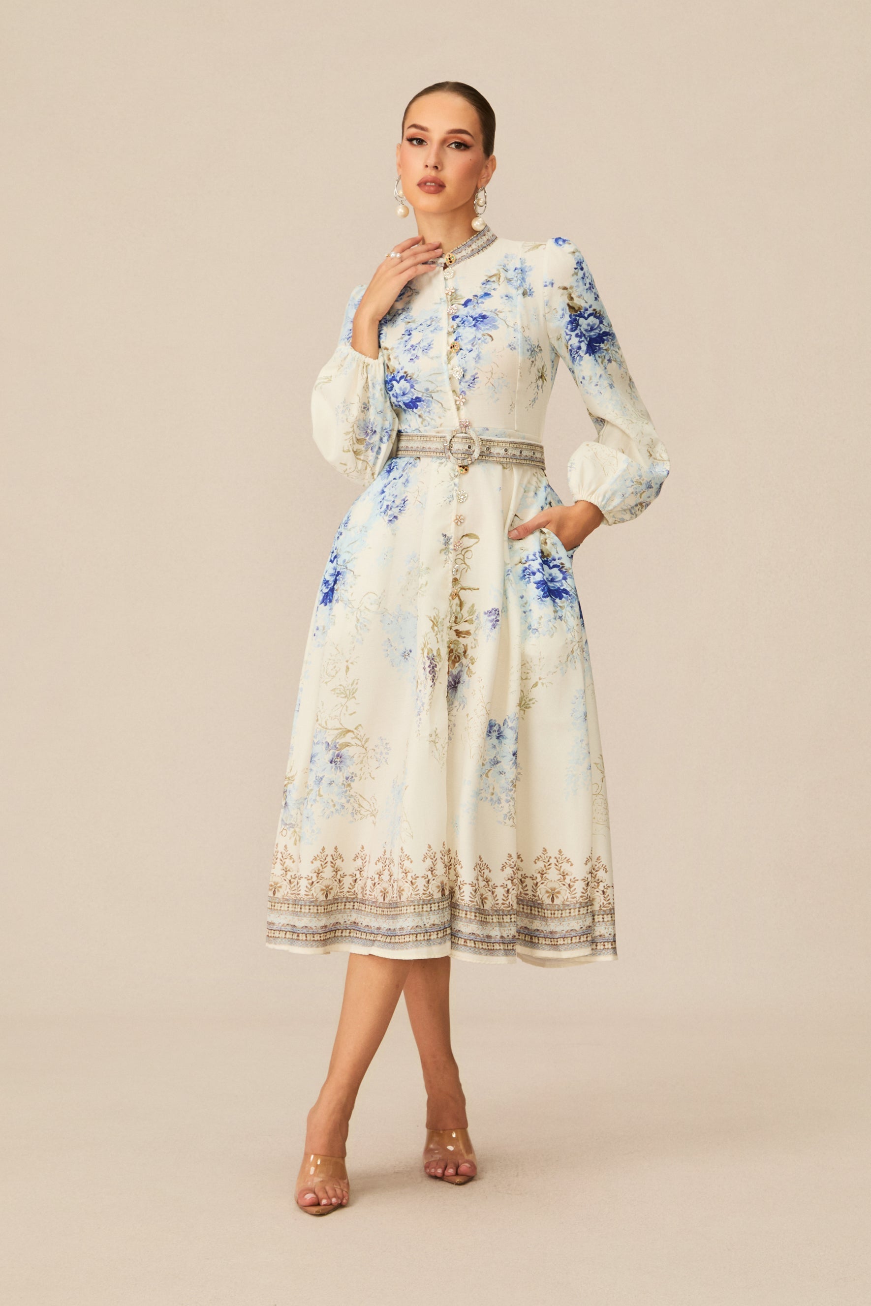 White Floral Print Midi Dress