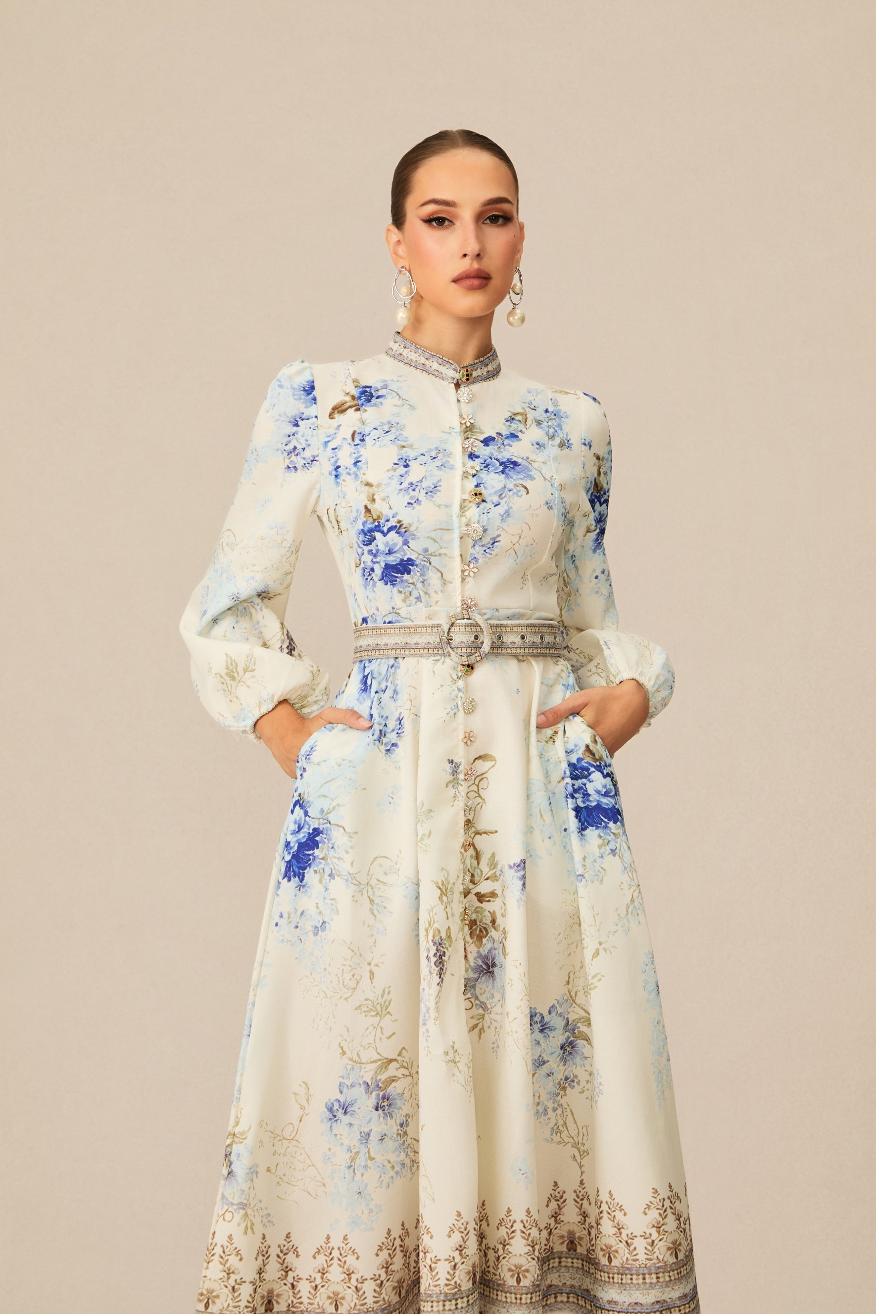 White Floral Print Midi Dress