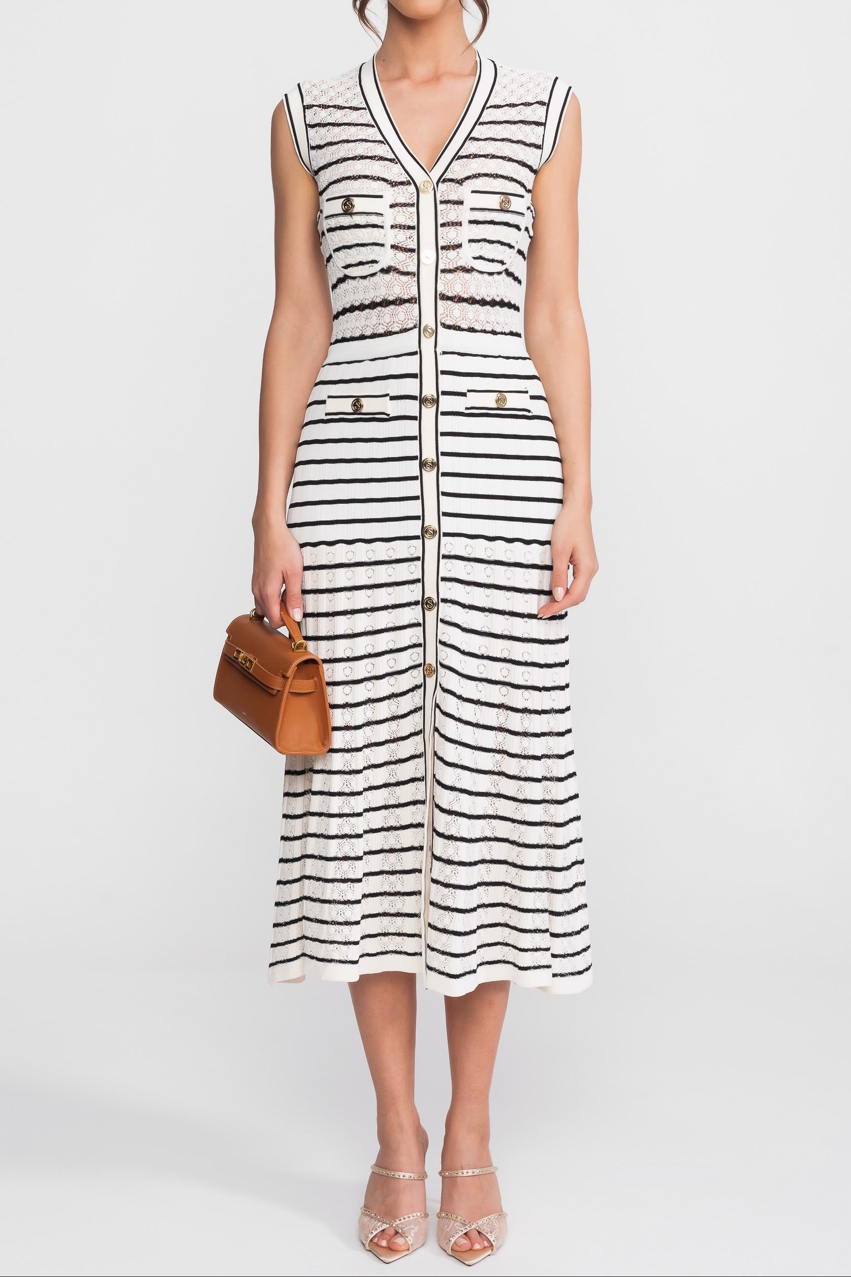 Striped Sleeveless Knit Midi Dress With V-Neck And Gold Buttons - White/Black