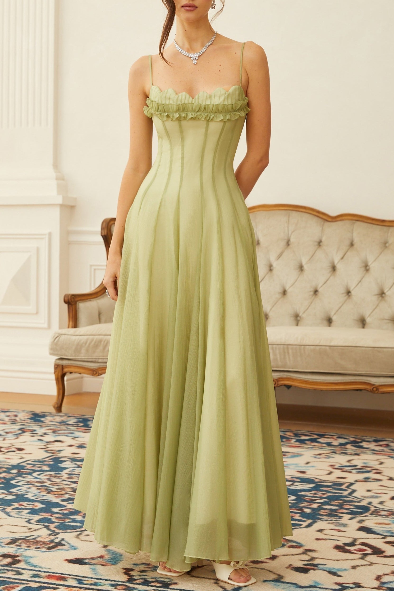 Matcha Ruffled Shirred Tulle Maxi Dress