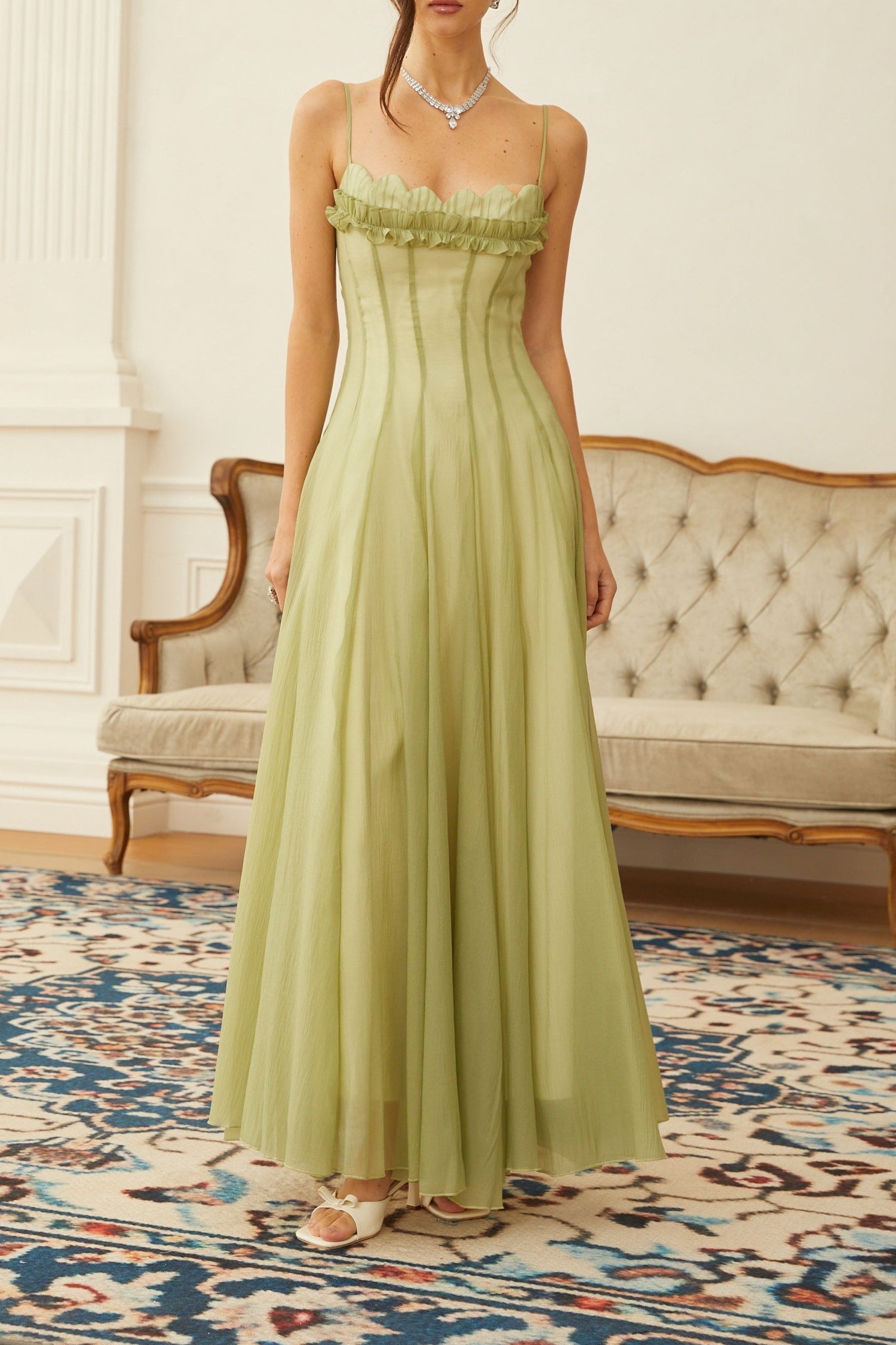 Matcha Ruffled Shirred Tulle Maxi Dress