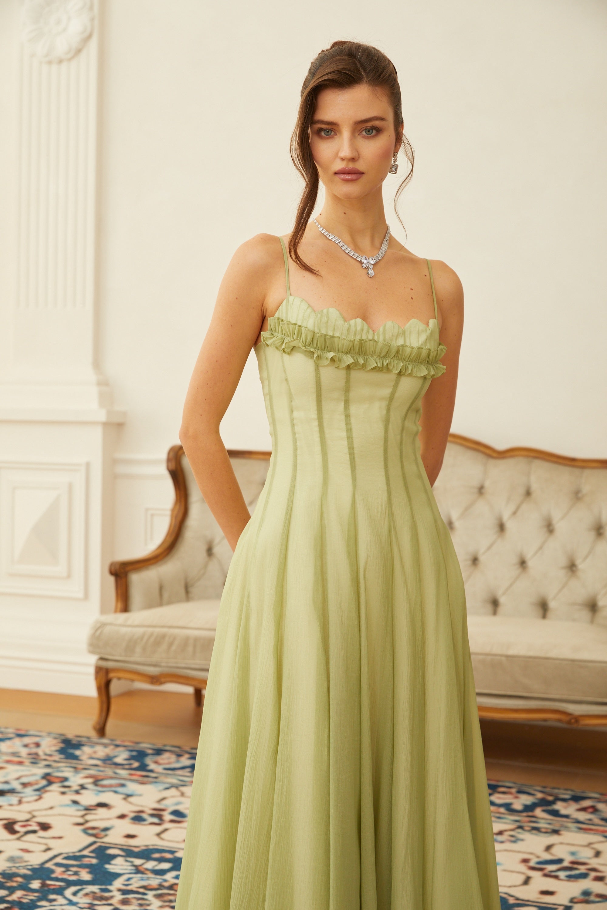 Matcha Ruffled Shirred Tulle Maxi Dress