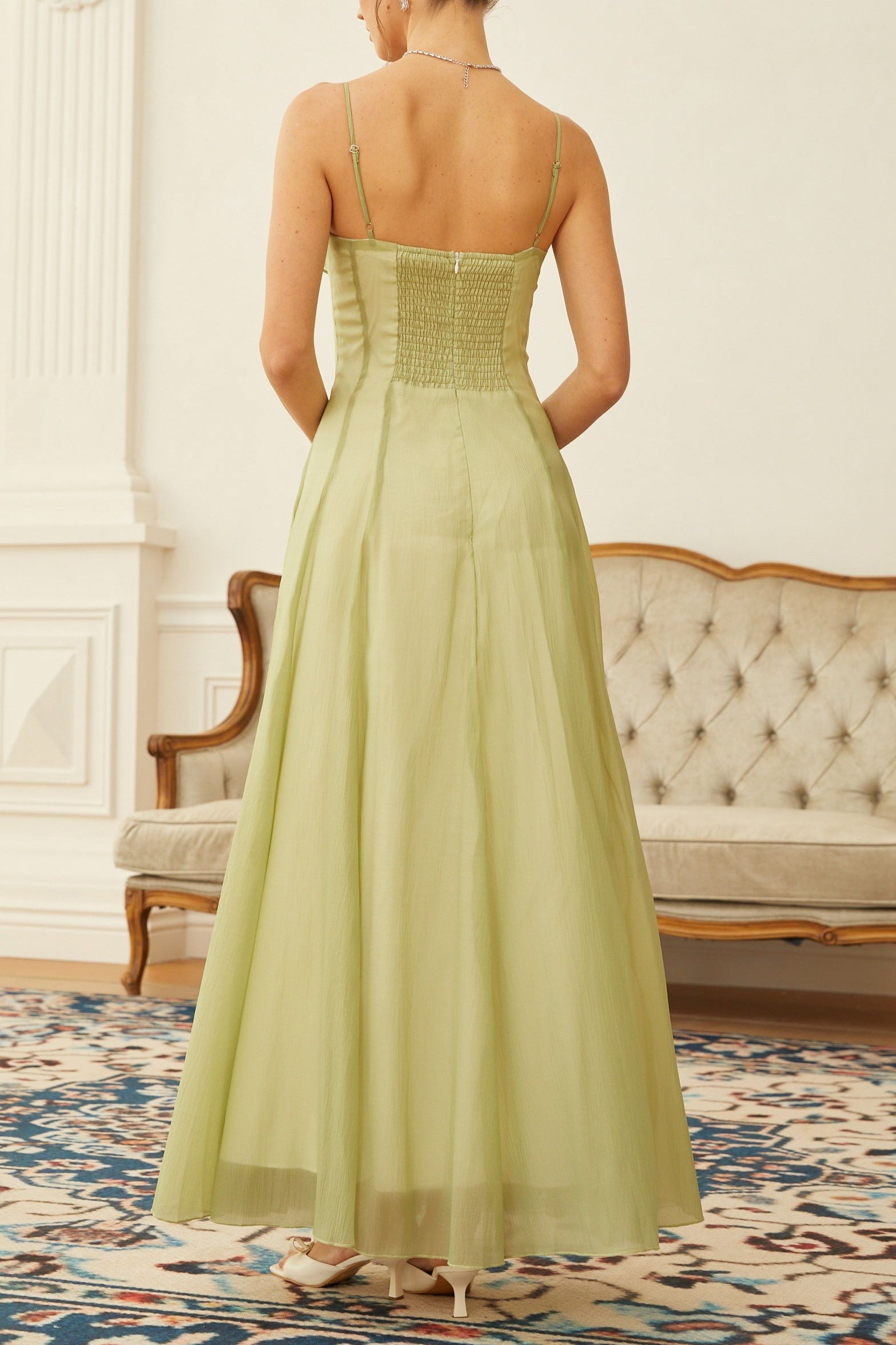 Matcha Ruffled Shirred Tulle Maxi Dress