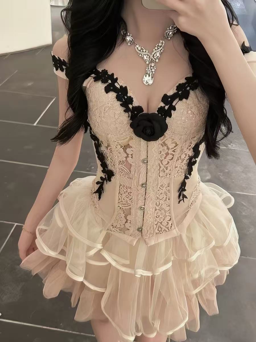 Lace Corset & Tiered Tulle Skirt Two-Piece Set