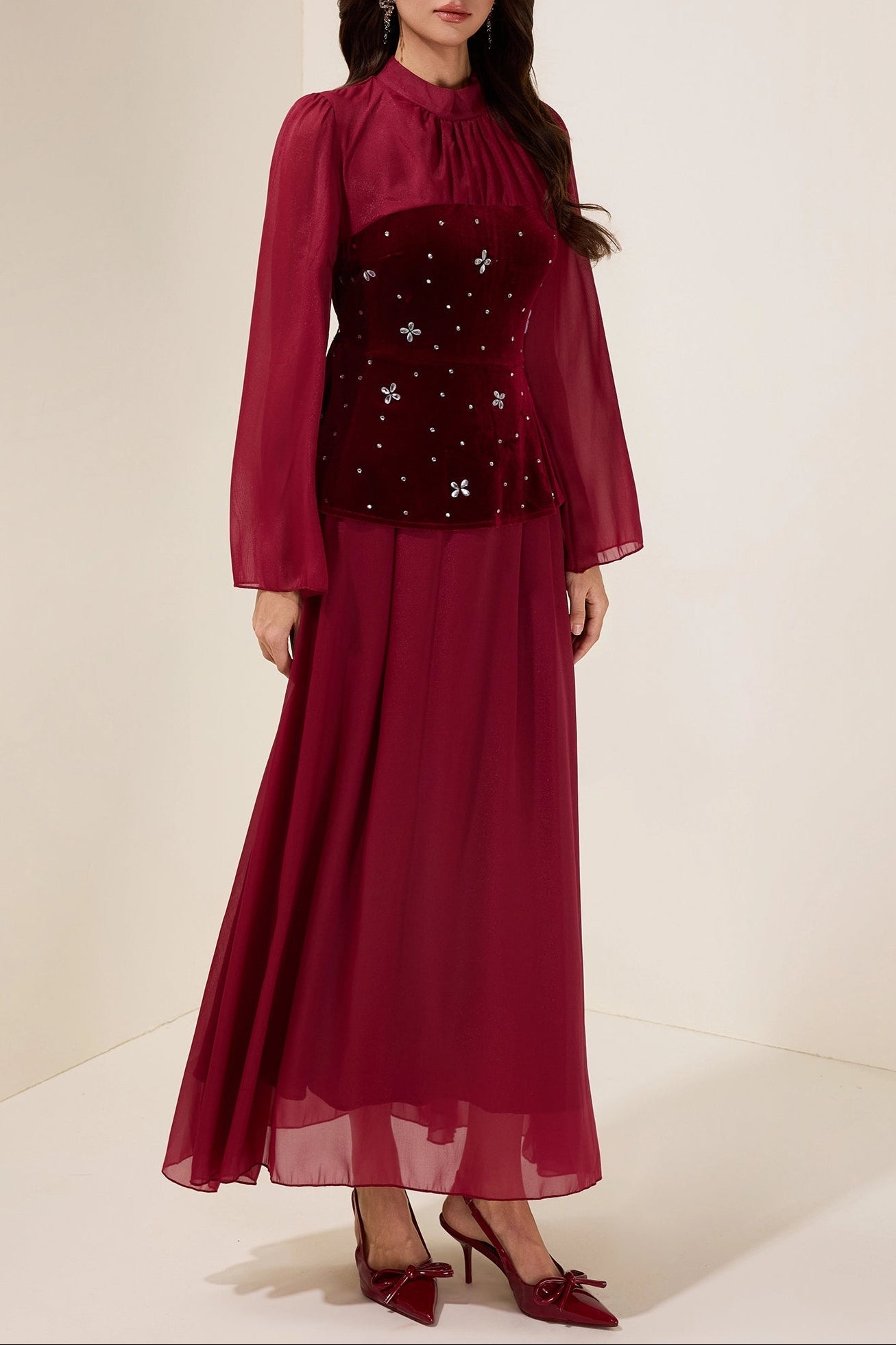 caroline Rhinestone Velvet Splicing Maxi Dress - burgundy