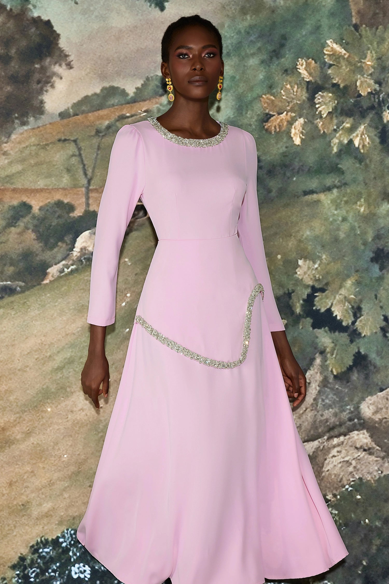 damla Rhinestone embellished Long Sleeve Midi Dress - pink