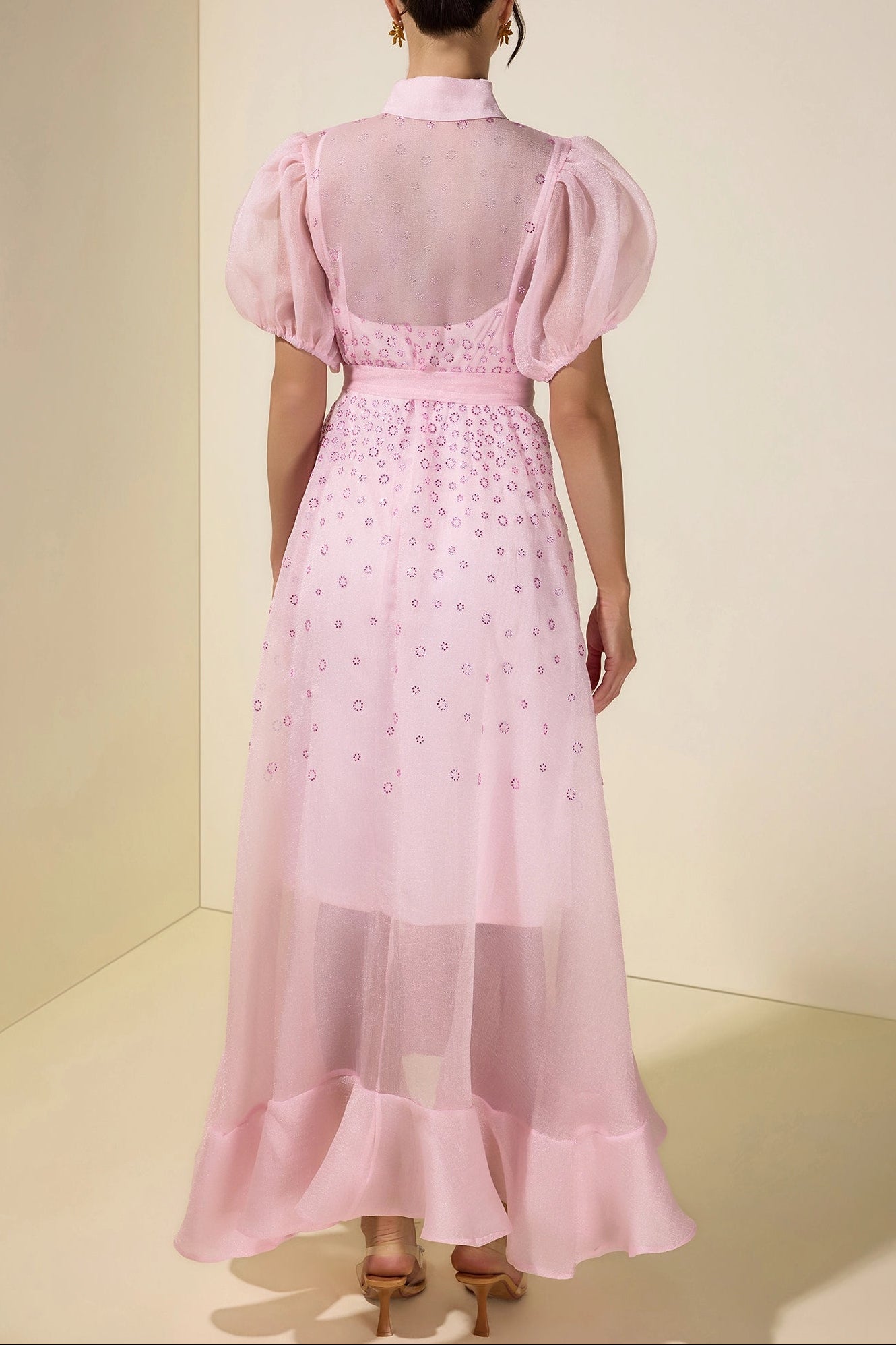 sylvia Rhinestone Puff Sleeve Maxi Dress With Belt - pink