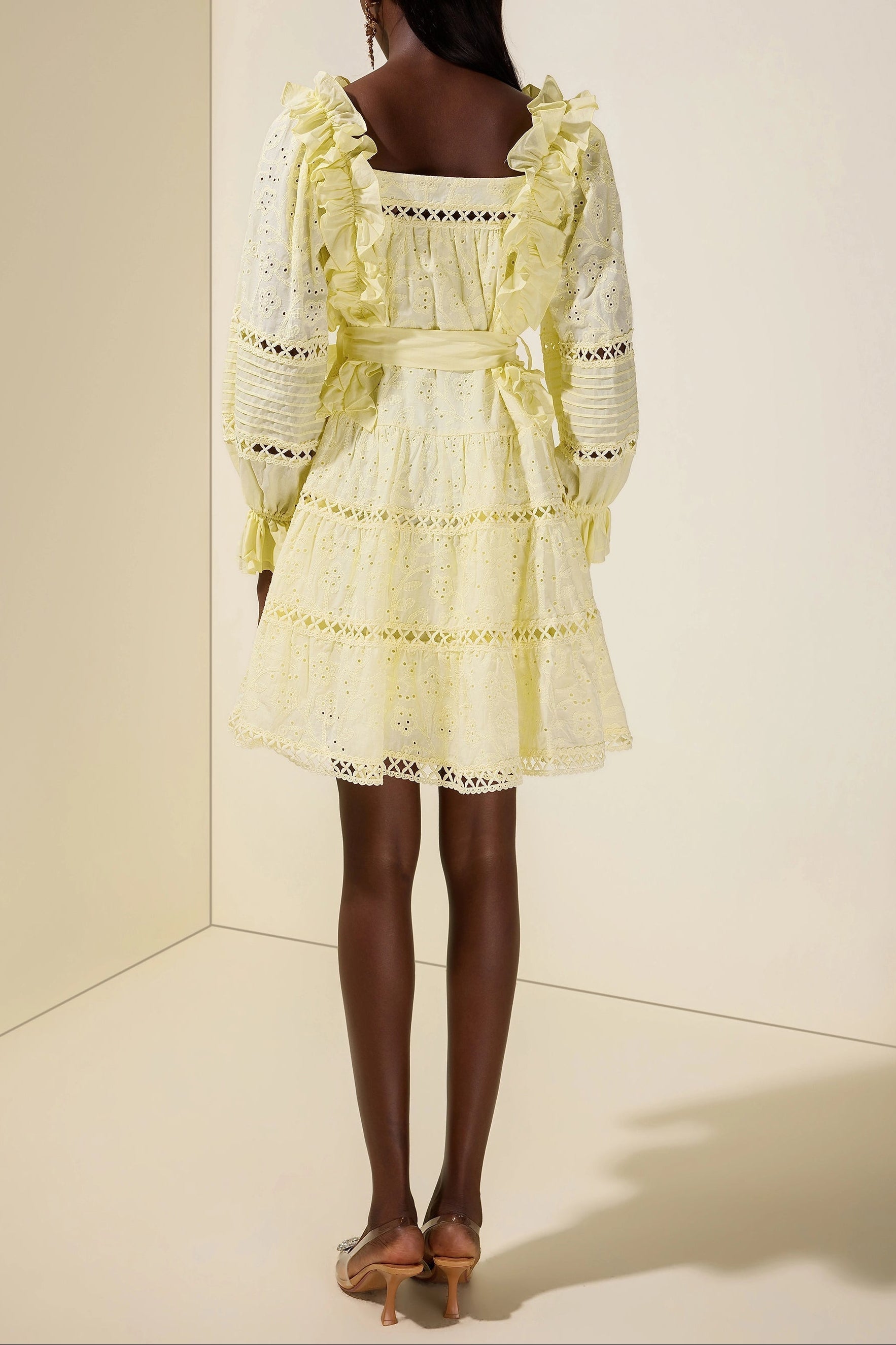victoria Embroidered hollow Ruffle Mini Dress - yellow
