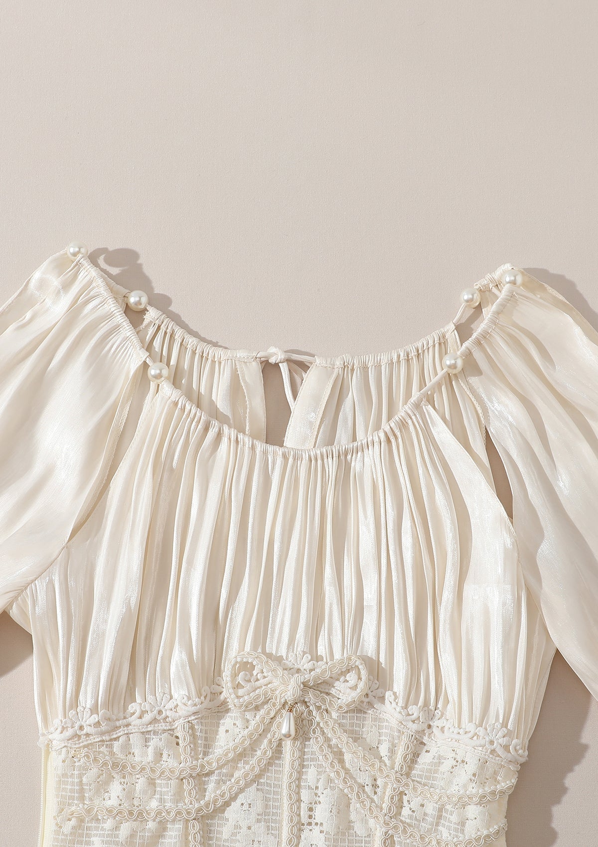 Square neck puff sleeve lace satin maxi dress - white
