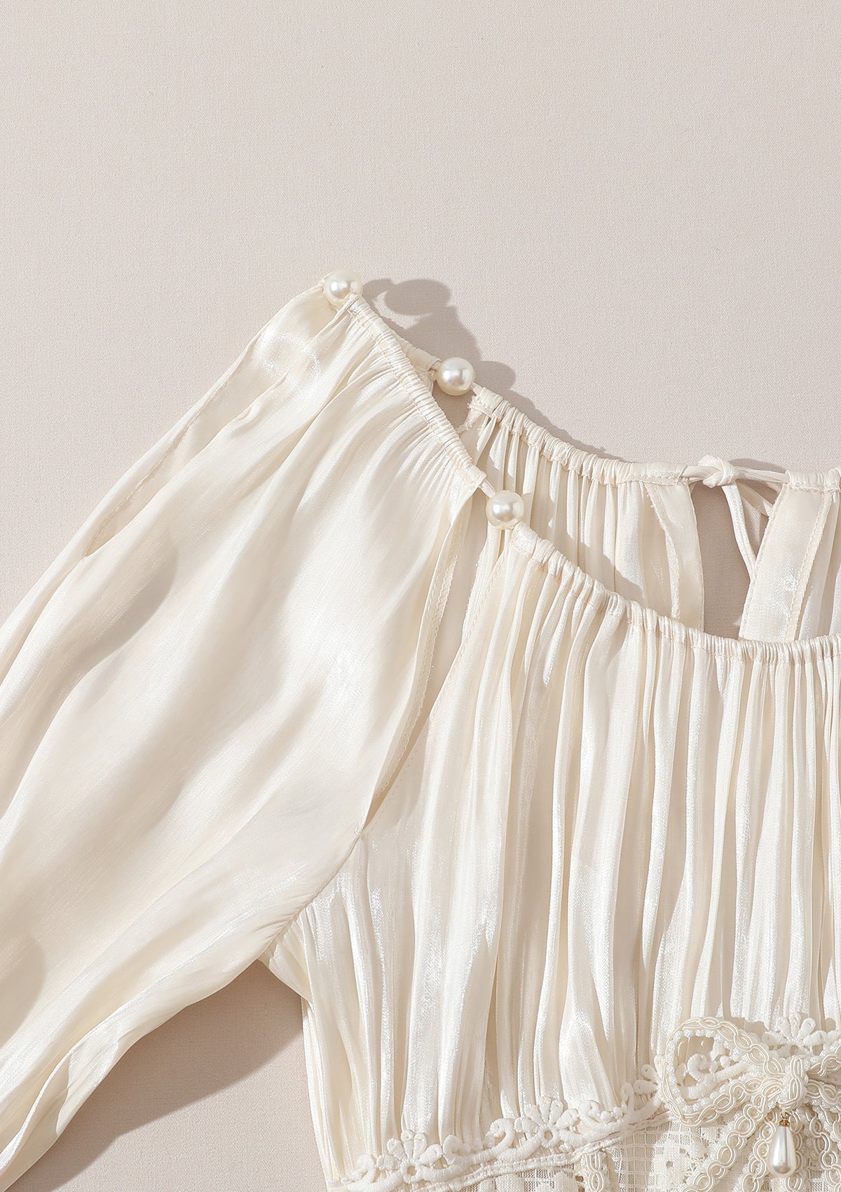 Square neck puff sleeve lace satin maxi dress - white