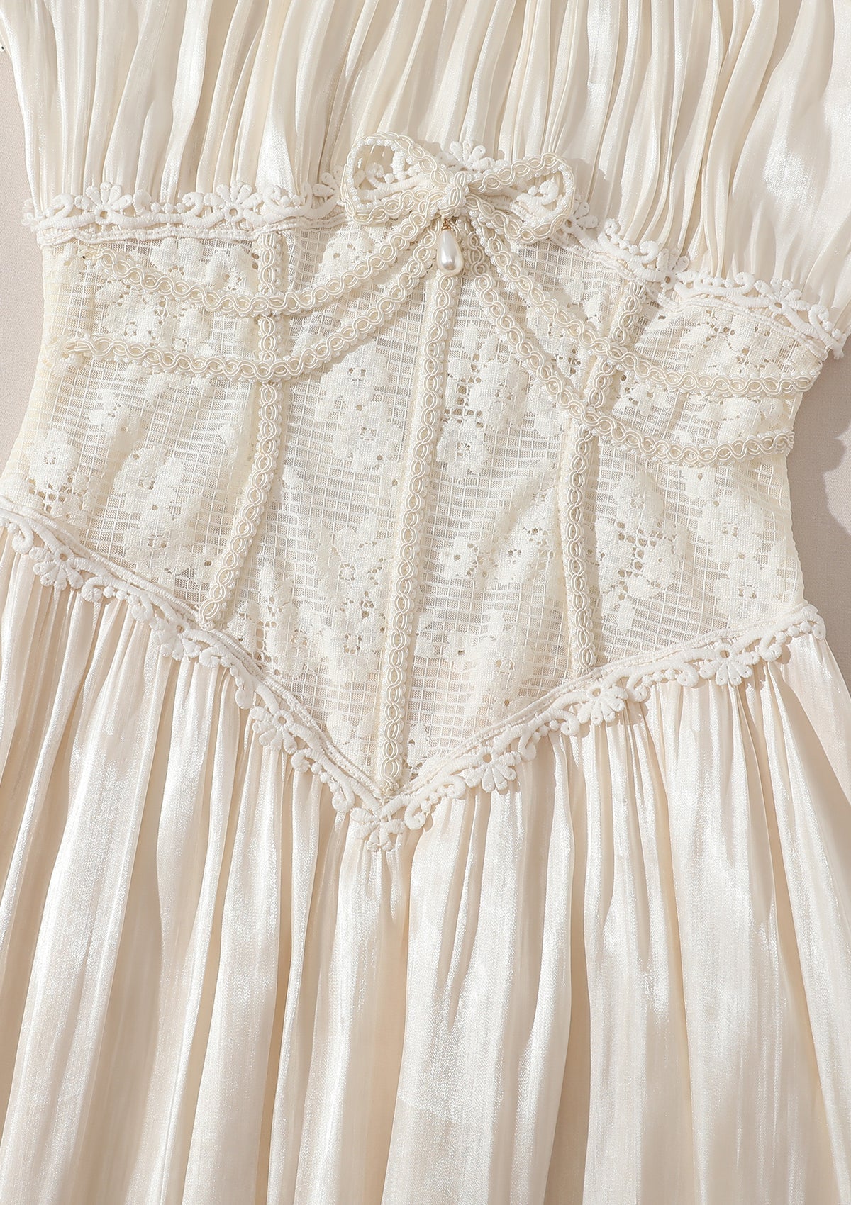 Square neck puff sleeve lace satin maxi dress - white