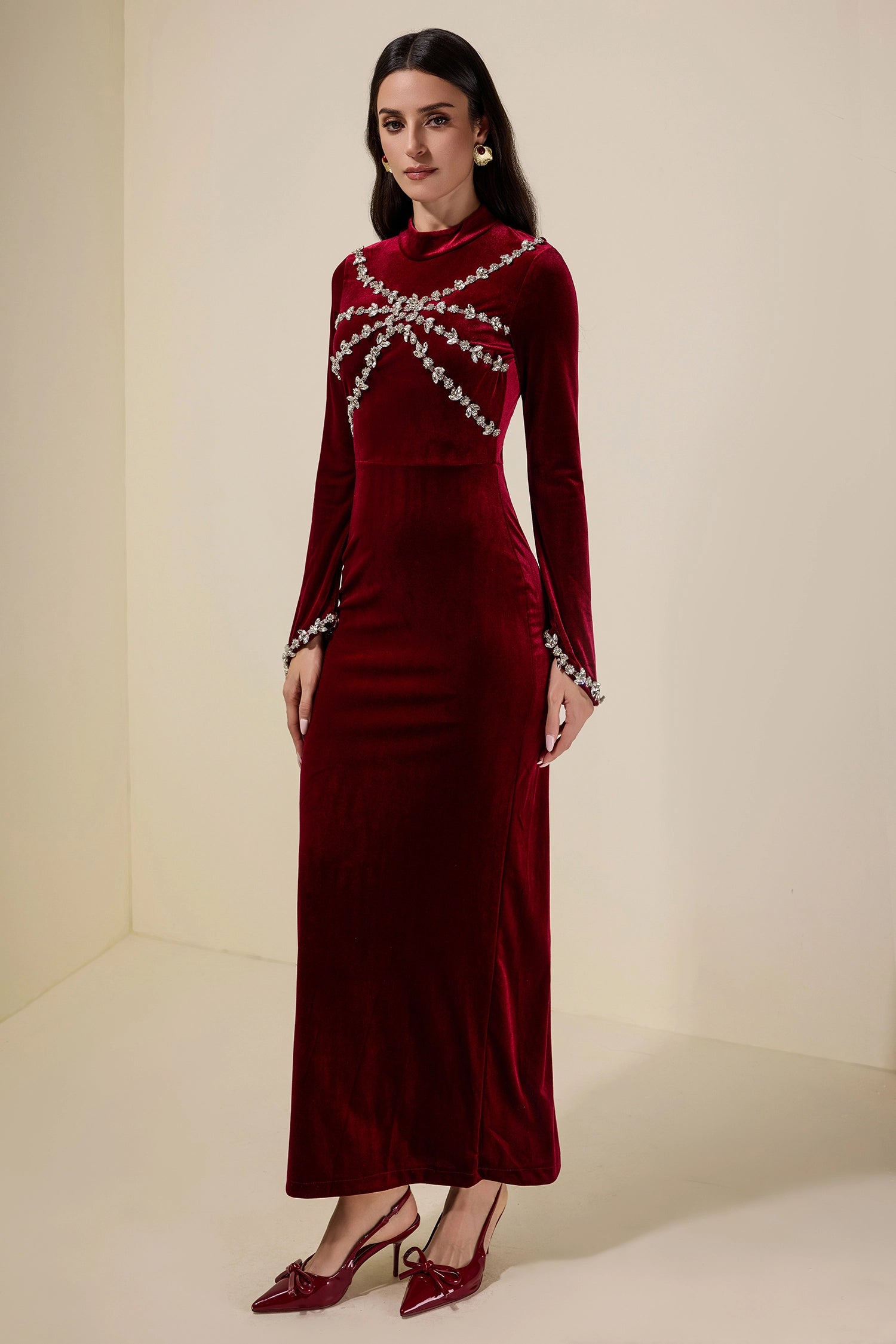 hilary Velvet Rhinestone Long Sleeve Maxi Dress - burgundy