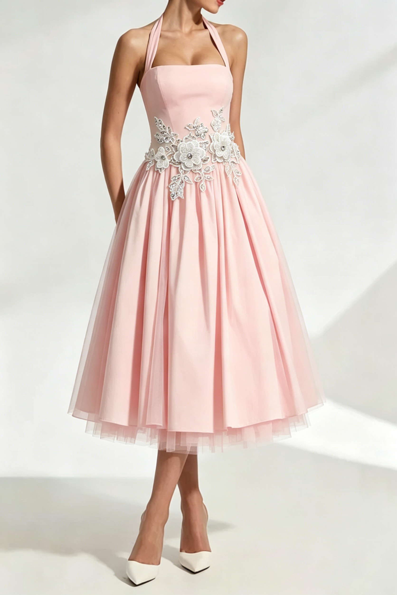 Lace Embroidery Cressida backless puffy Midi Dress - Blush