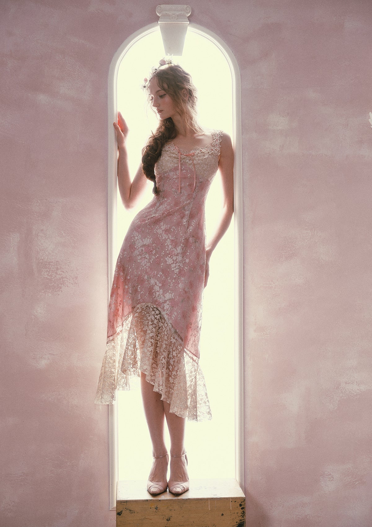 mandy Floral lace embroidery midi dress - pink