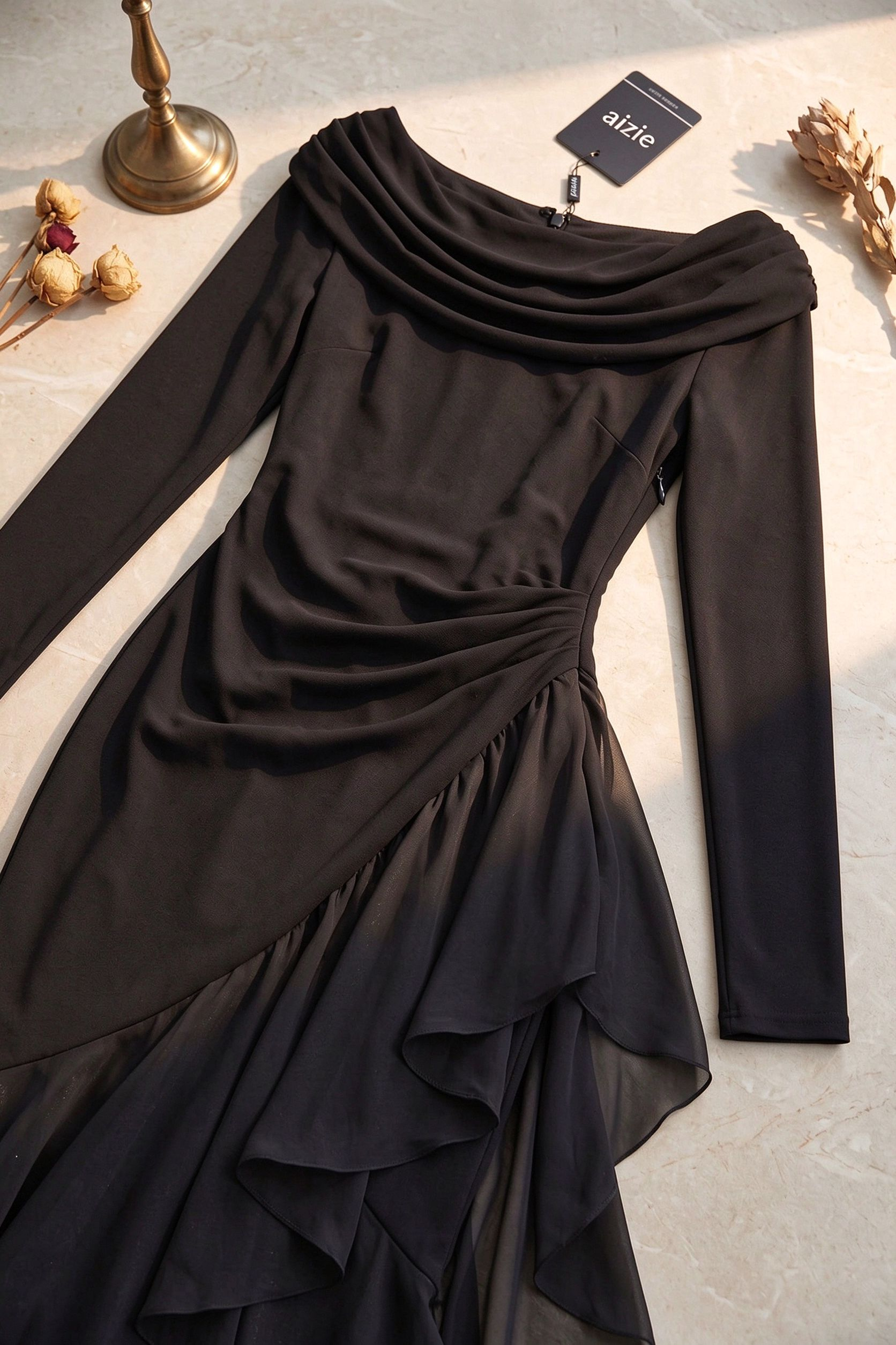 Black Mermaid Evening Gown with Sheer Ruffle Detail