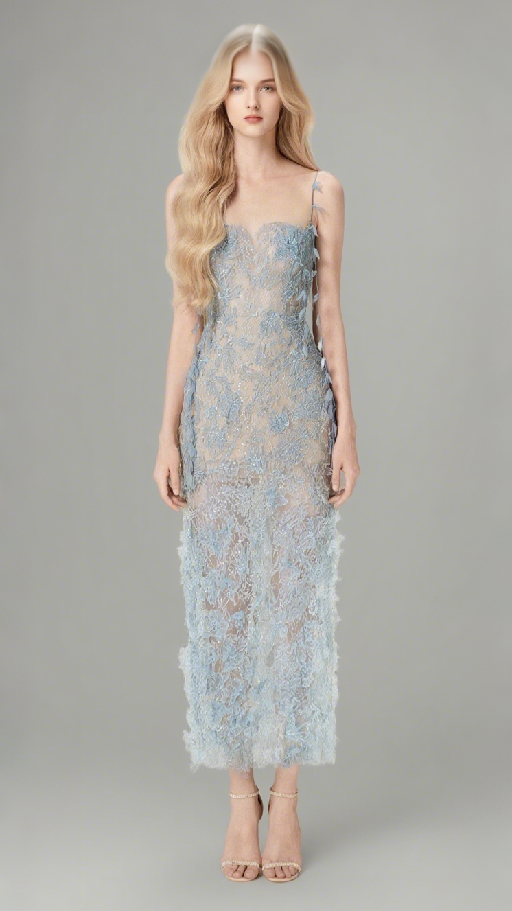 Blue Beaded Lace Pencel Dress