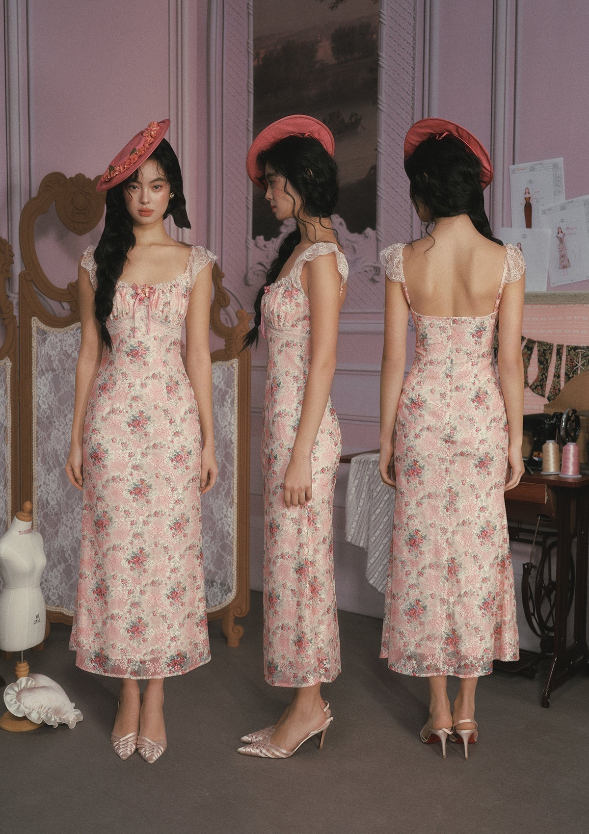 julie floral print lace trim midi dress - pink