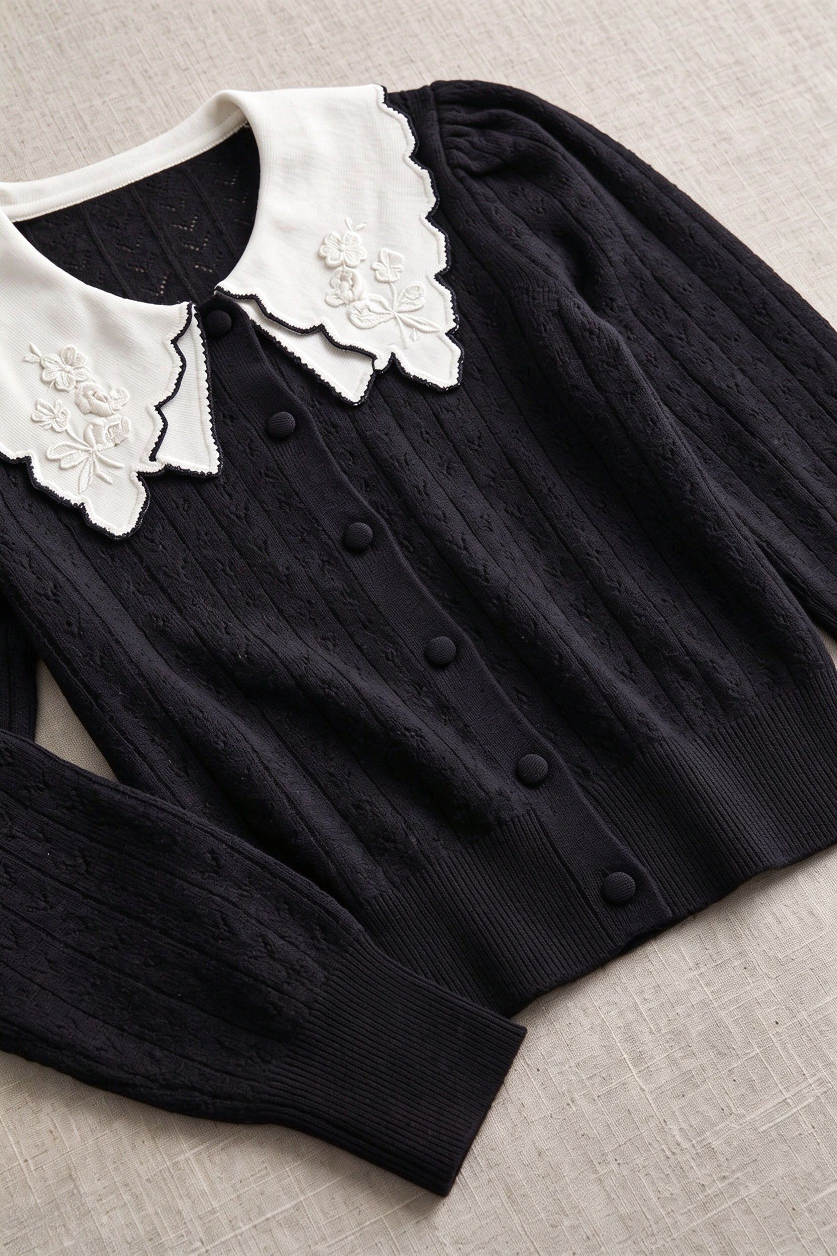 Black Pointelle Knit Cardigan with White Embroidered Collar