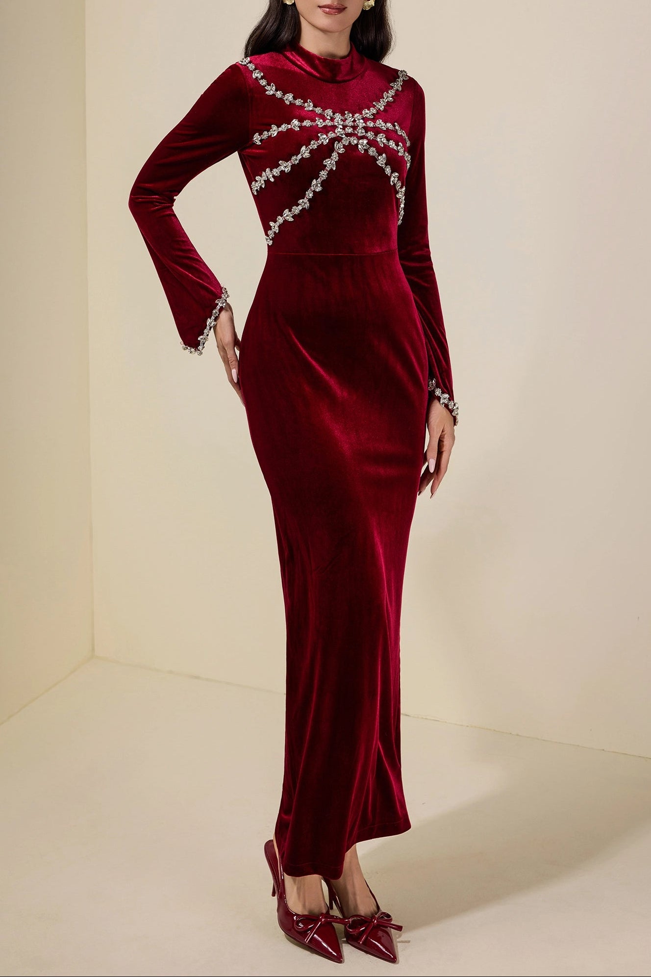 hilary Velvet Rhinestone Long Sleeve Maxi Dress - burgundy