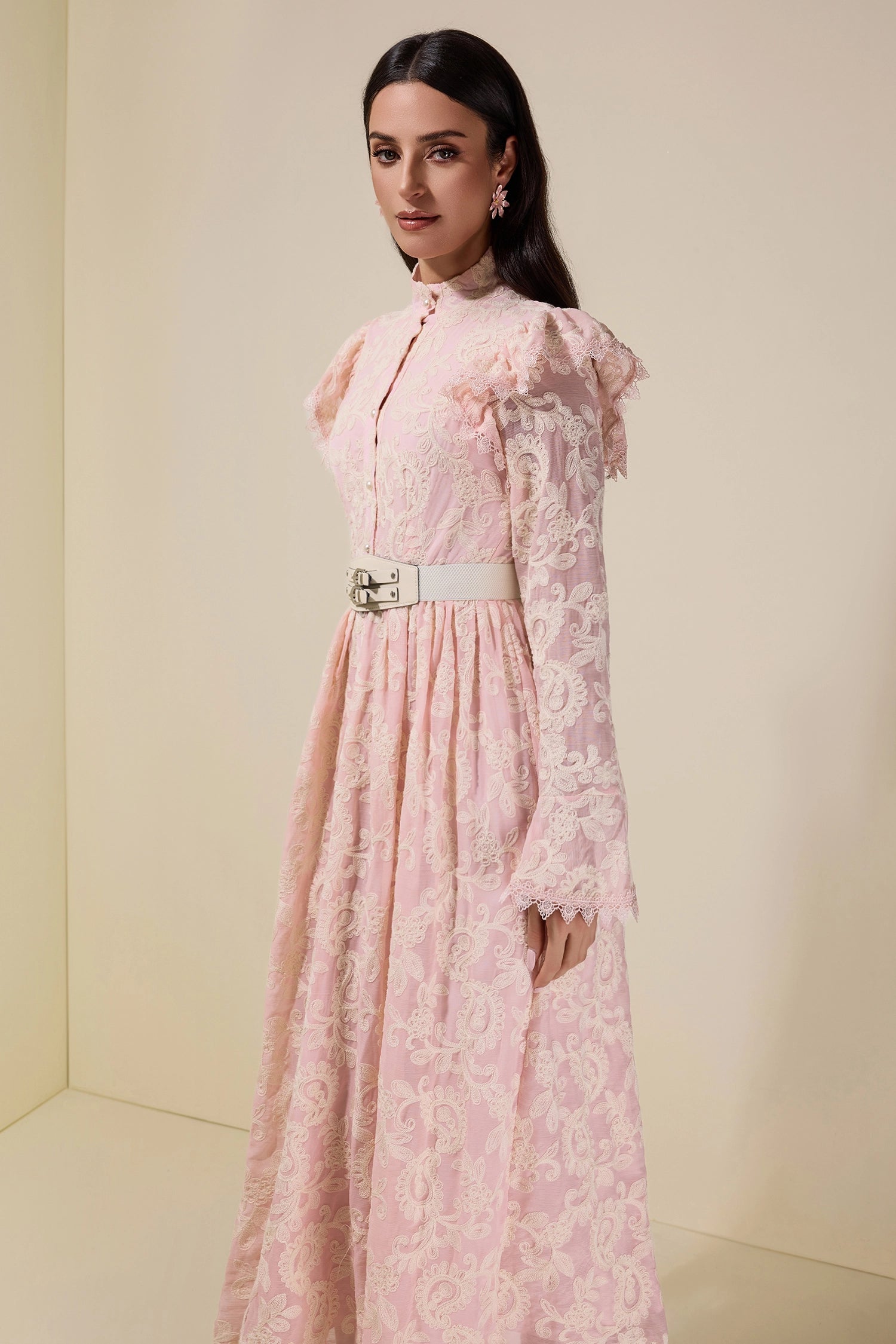 alma Chiffon Embroidered Single Breasted Midi Dress With Belt - pink