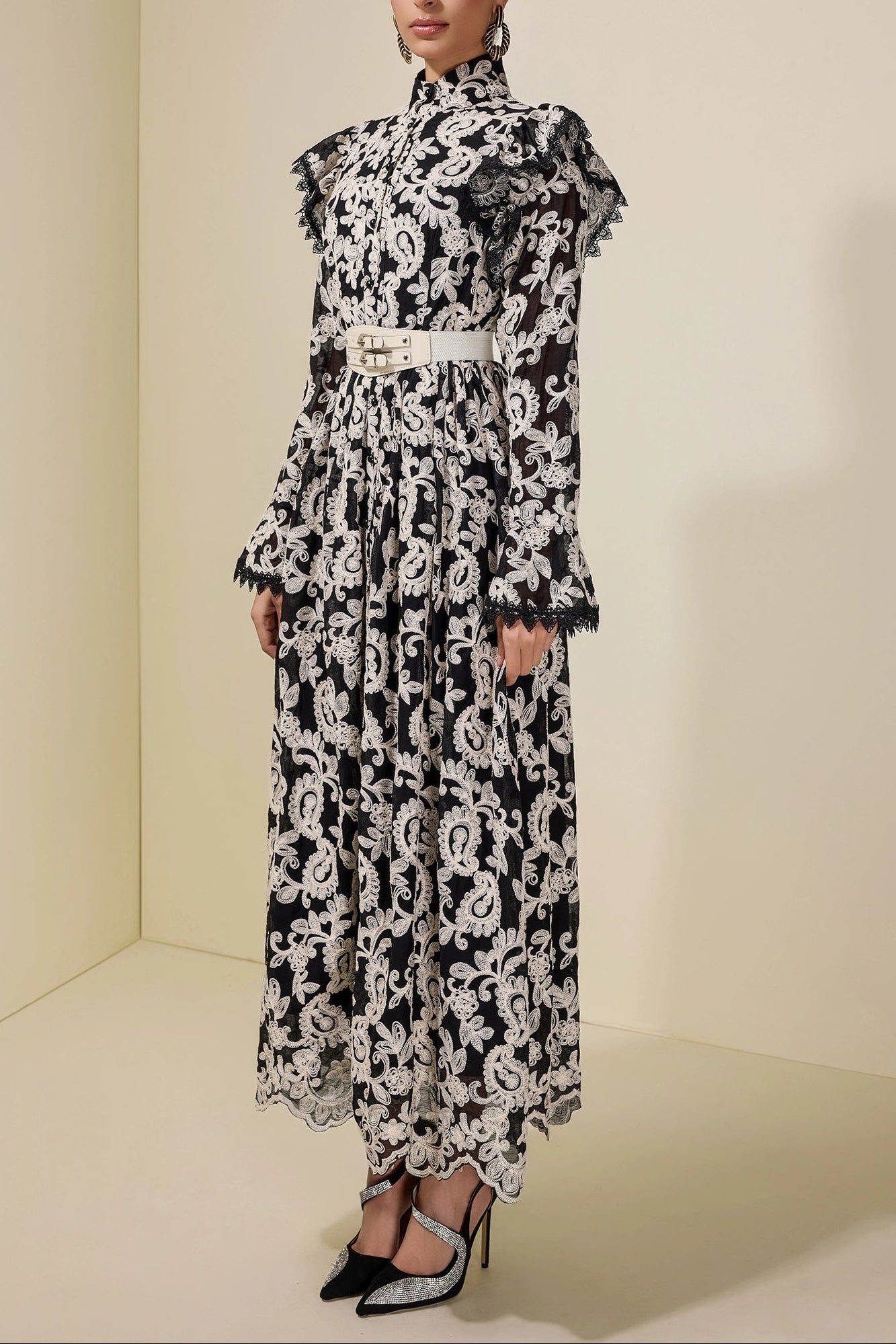 alma Chiffon Embroidered Single Breasted Midi Dress With Belt - black