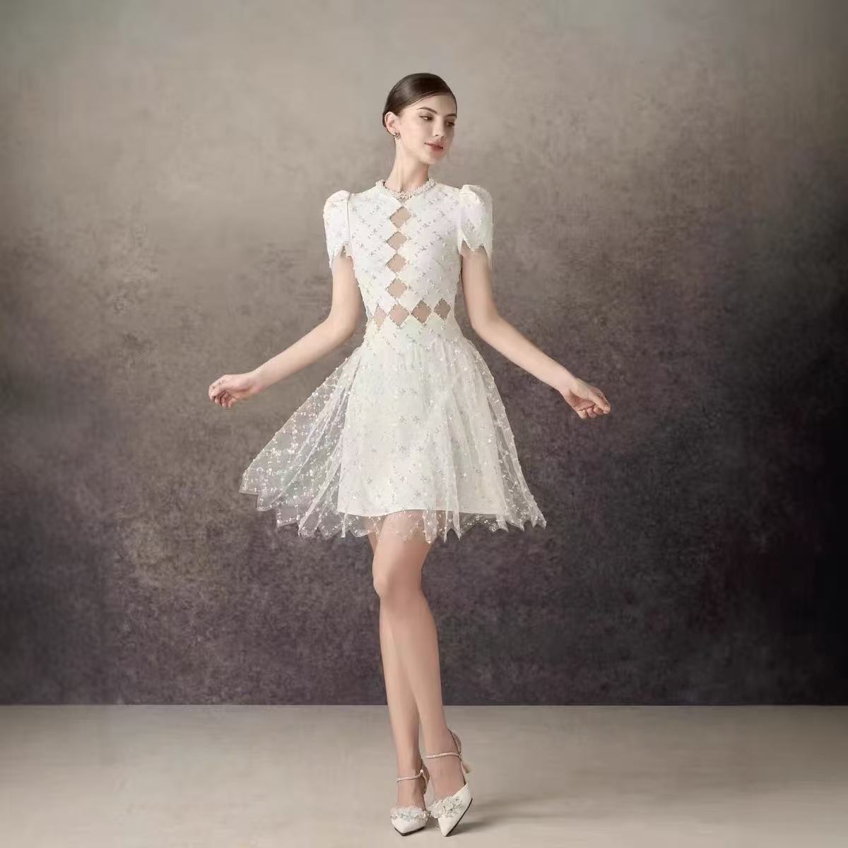 Henrietta Ivory Sequin Mini Dress with Mesh Panels