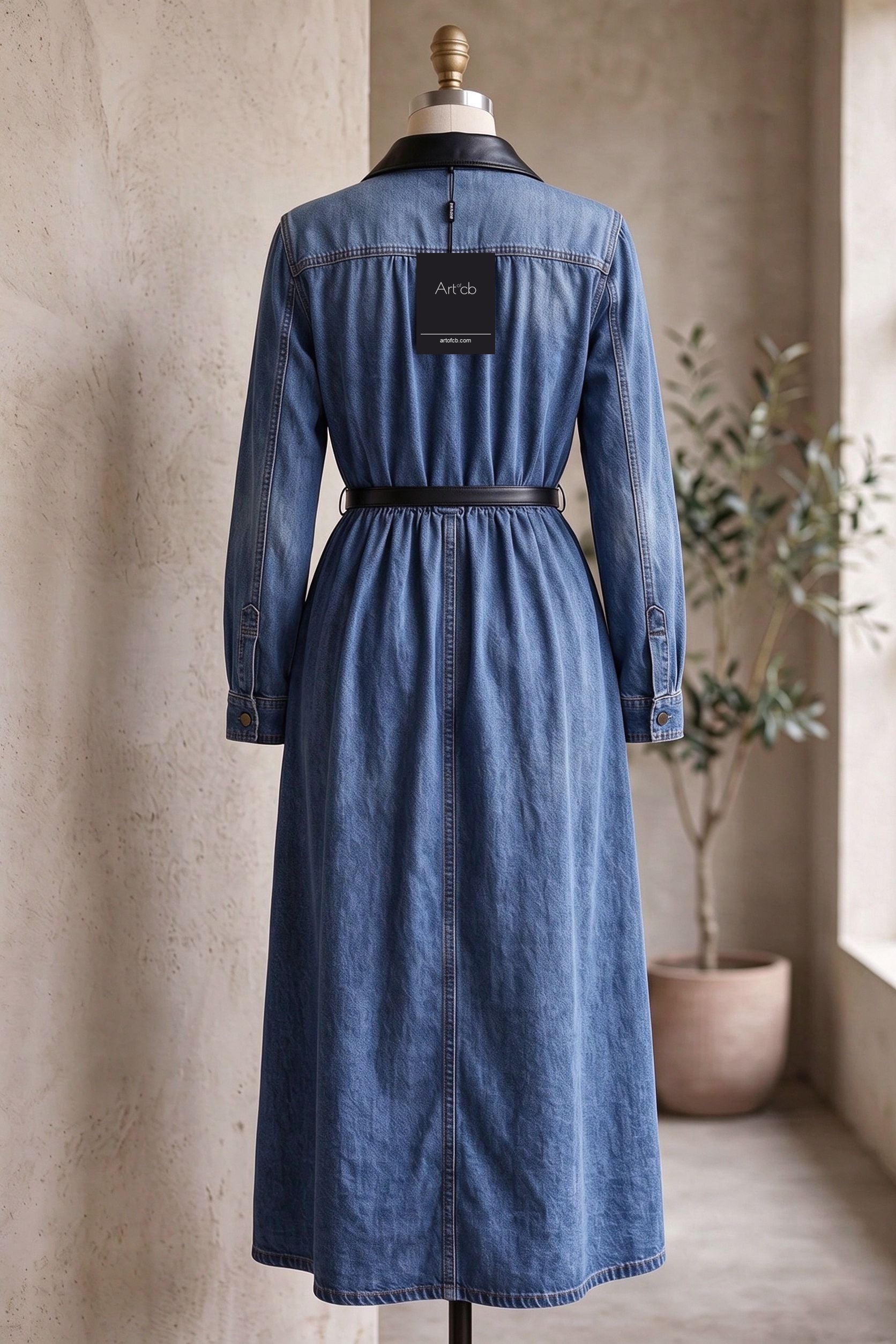 Medium Blue Denim A-Line Shirt Dress with Contrast Collar