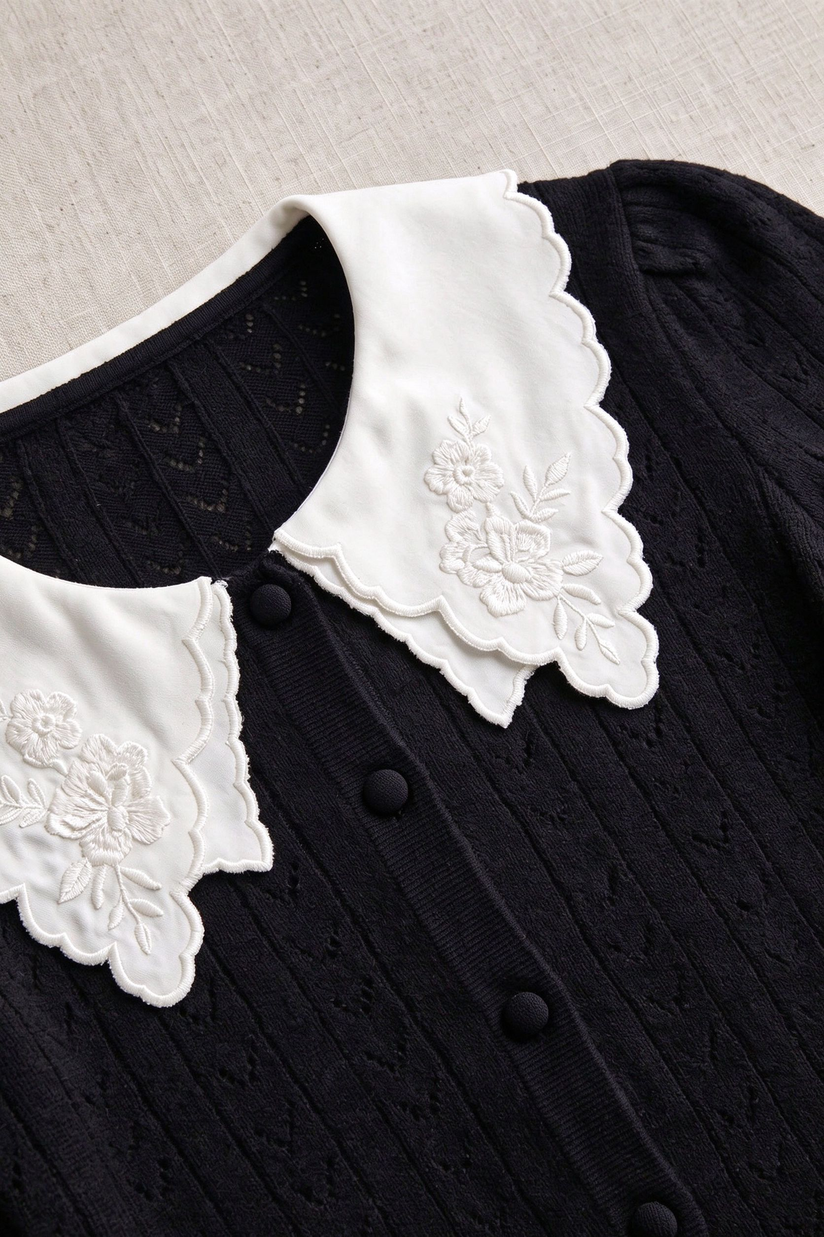 Black Pointelle Knit Cardigan with White Embroidered Collar