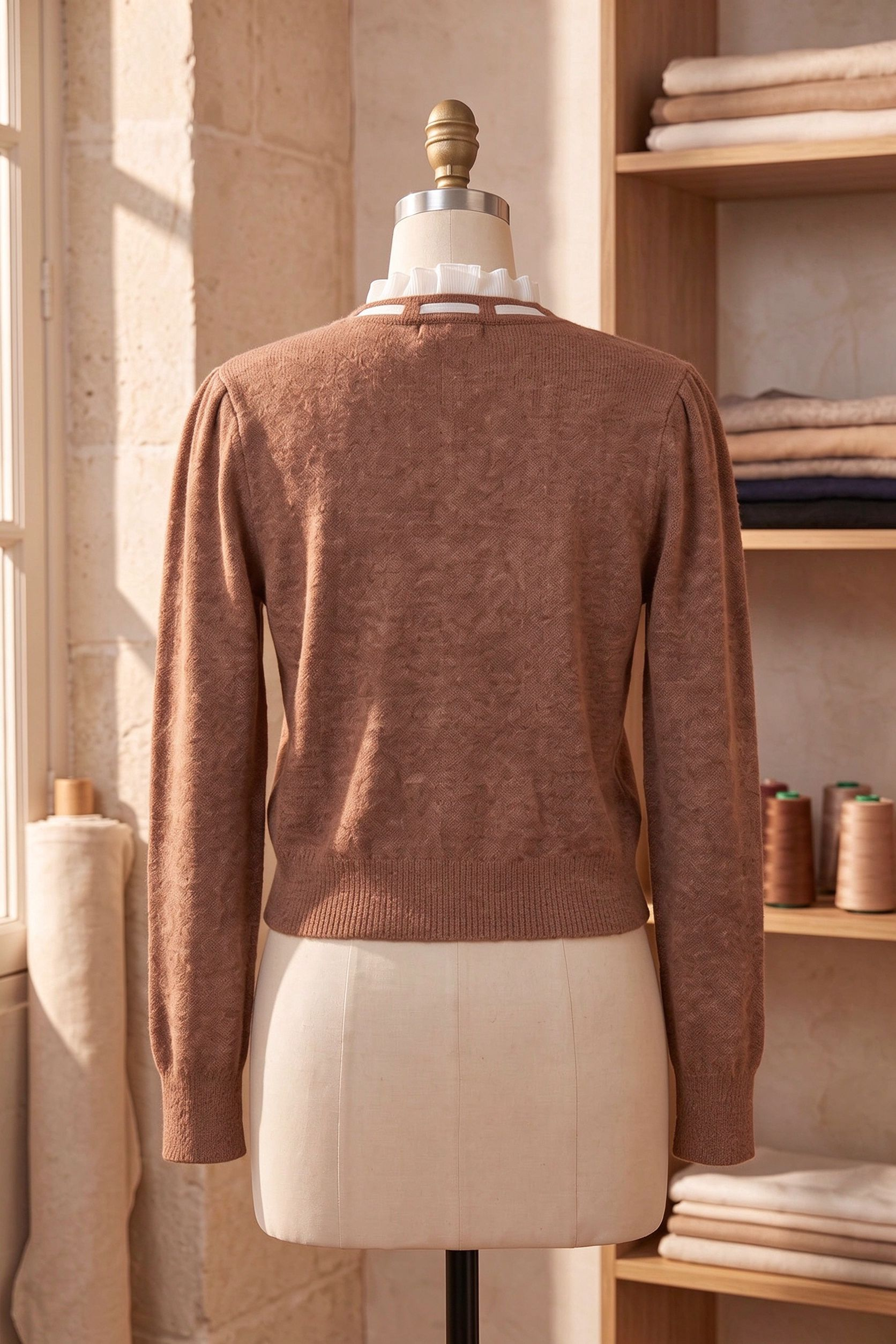 caramel brown textured wool-blend knit fitted, cropped cardigan