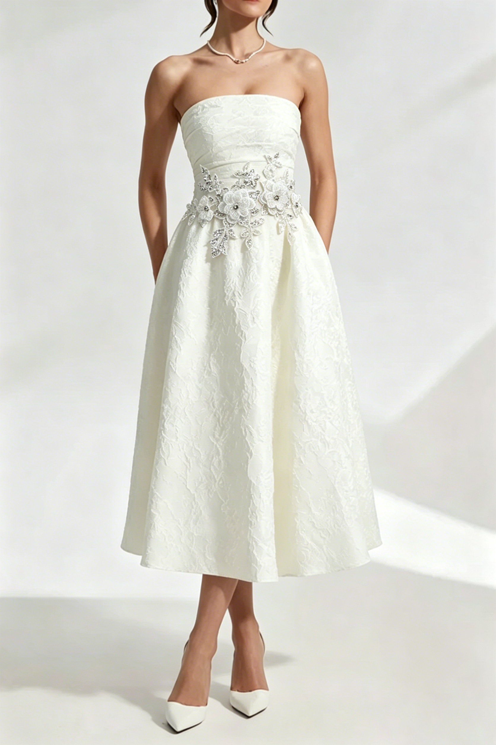 Lace Flower Embroidery Saoirse Midi Dress - Ivory