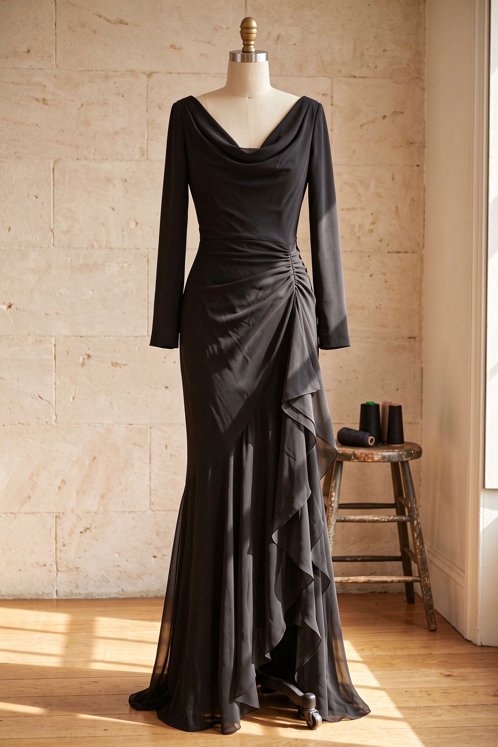 Black Mermaid Evening Gown with Sheer Ruffle Detail