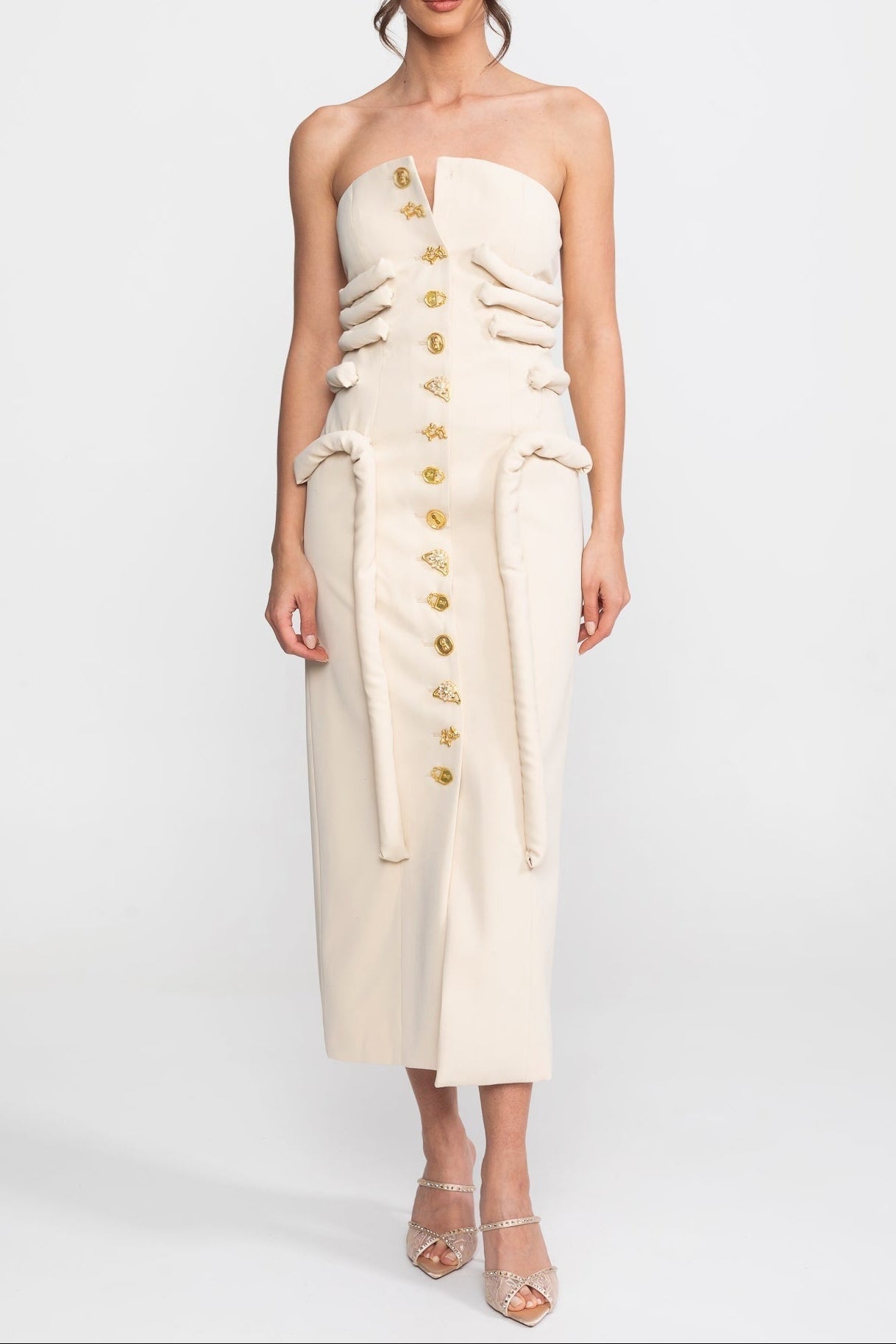 Strapless Midi Dress With Sculptural Knotted Bodice Detail And Jewel Buttons - Cream