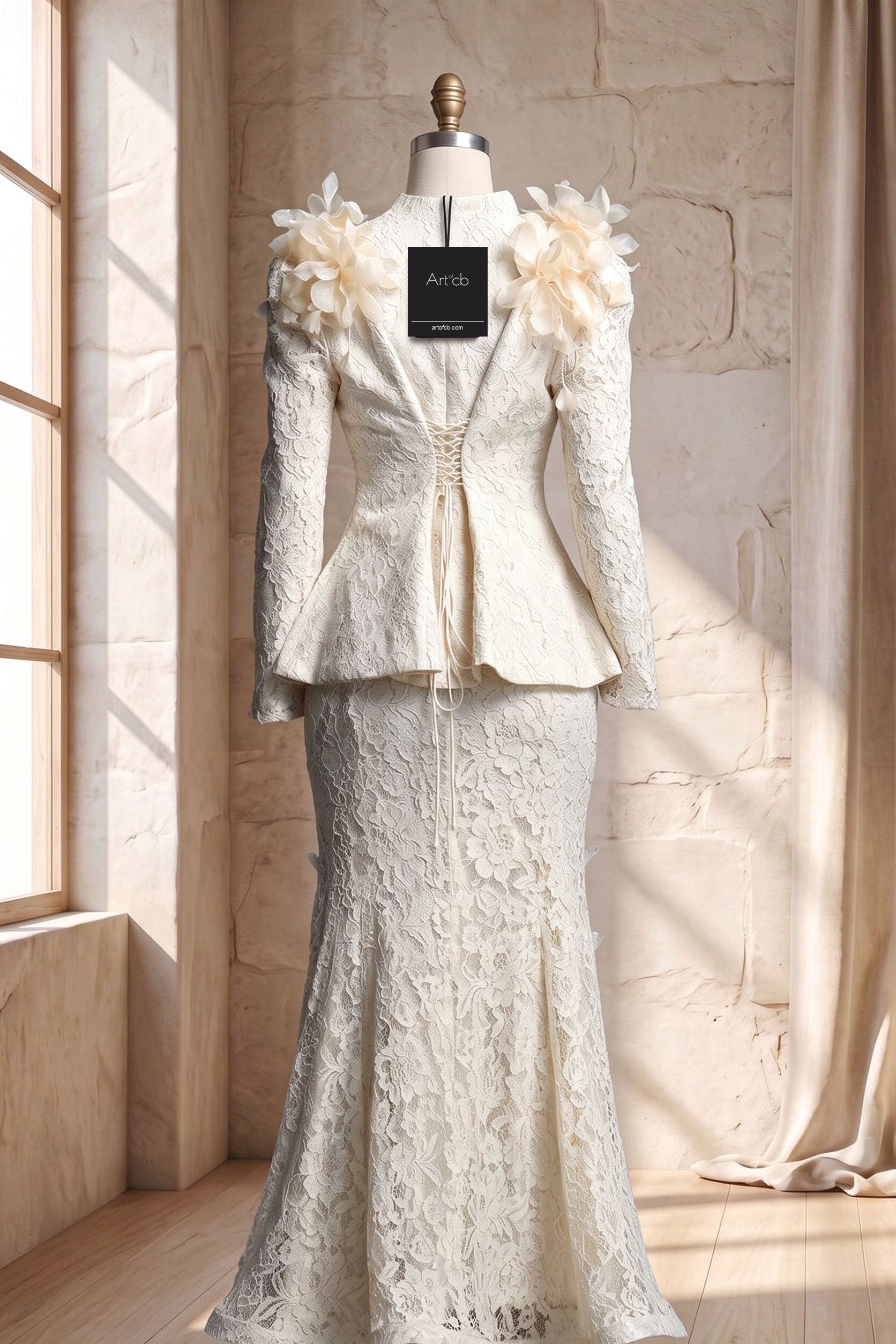 Ivory Corded Floral Lace Two-Piece Skirt Suit