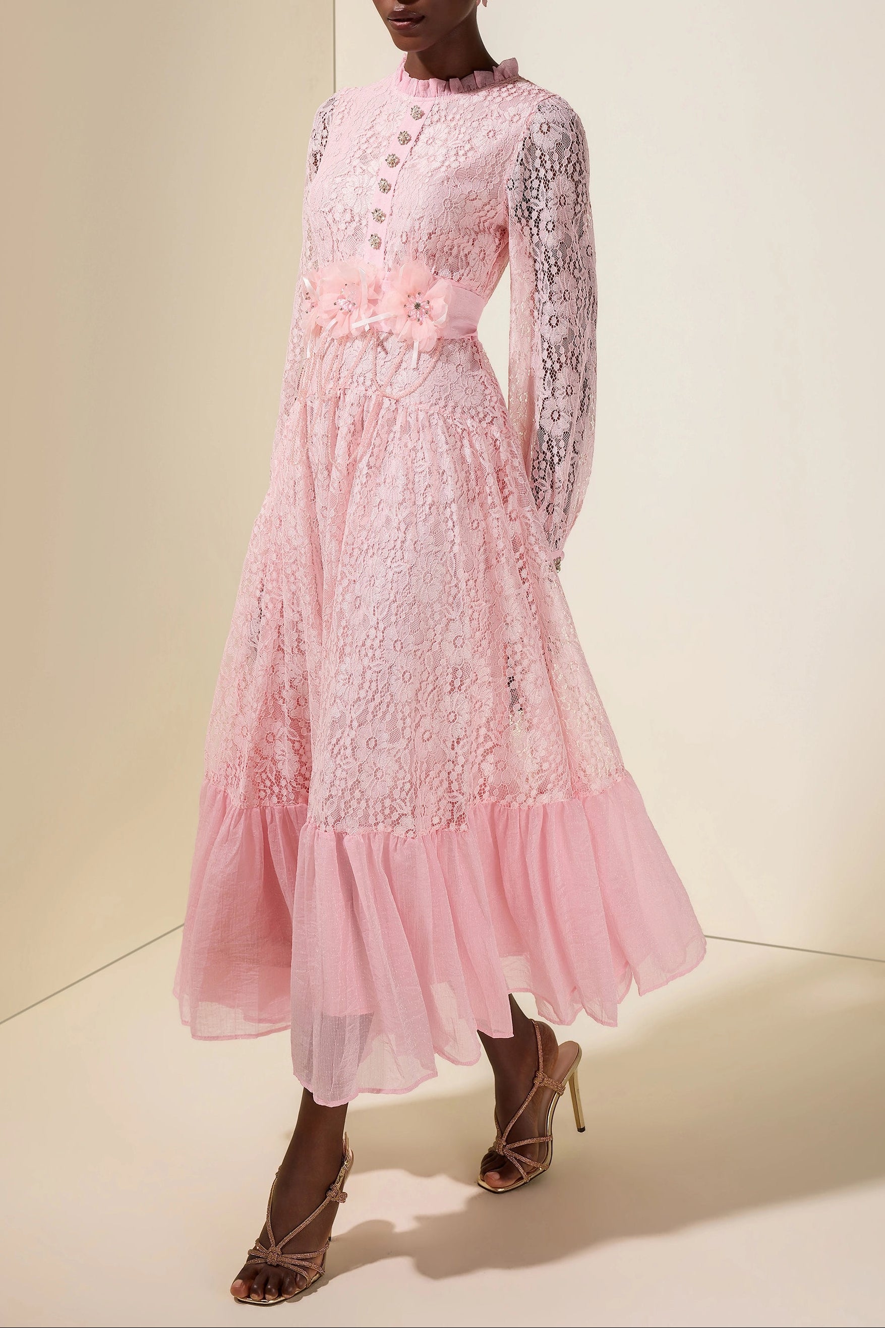 virginia Lace 3D Flower Rhinestone Rivets Midi Dress - pink