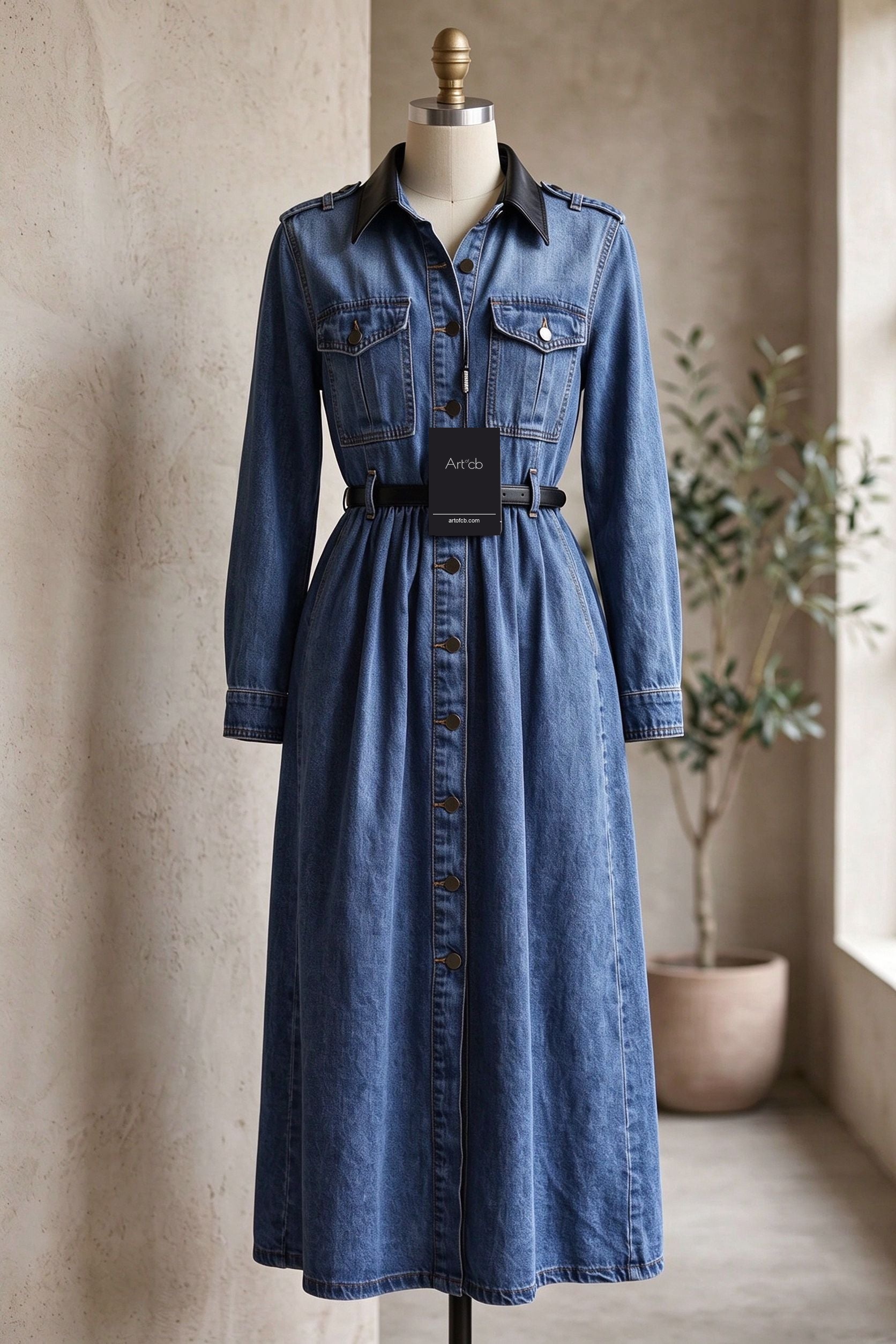 Medium Blue Denim A-Line Shirt Dress with Contrast Collar