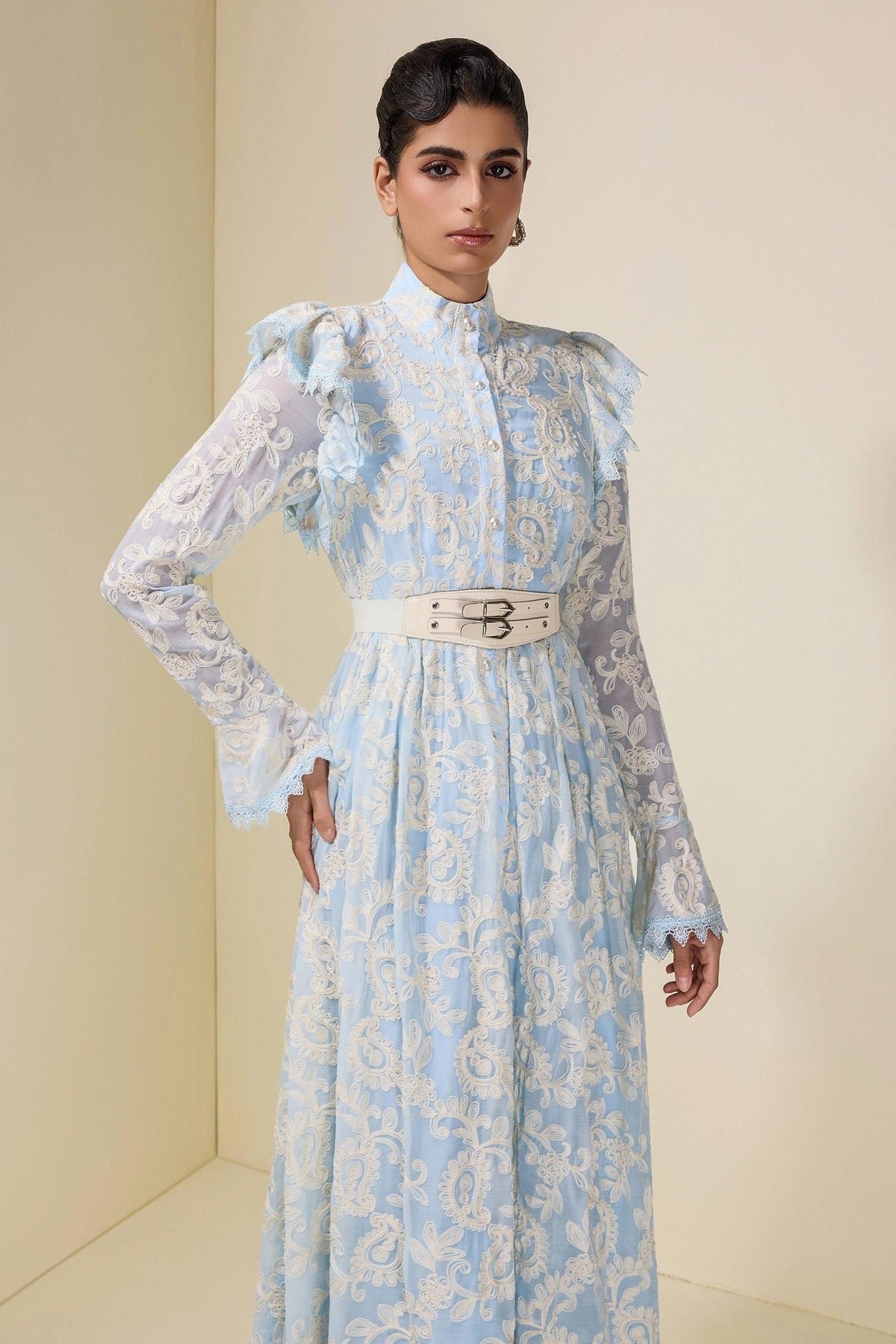 alma Chiffon Embroidered Single Breasted Midi Dress With Belt - blue