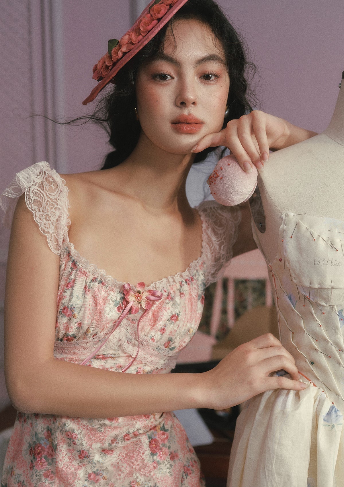 julie floral print lace trim midi dress - pink