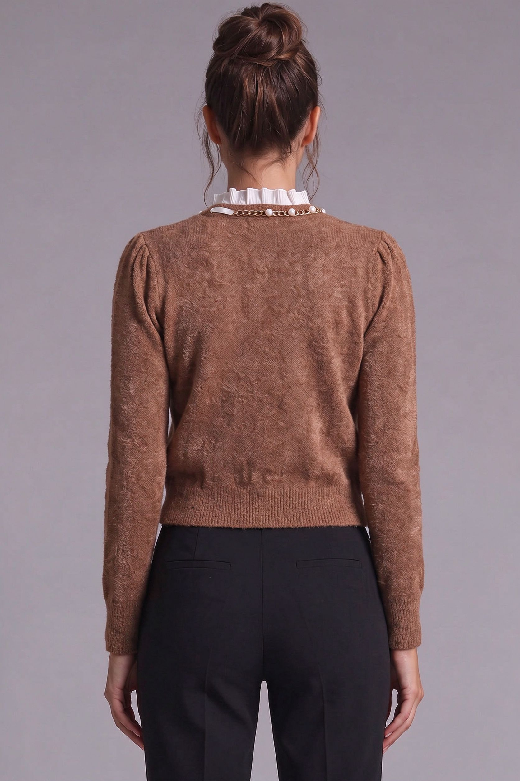 caramel brown textured wool-blend knit fitted, cropped cardigan