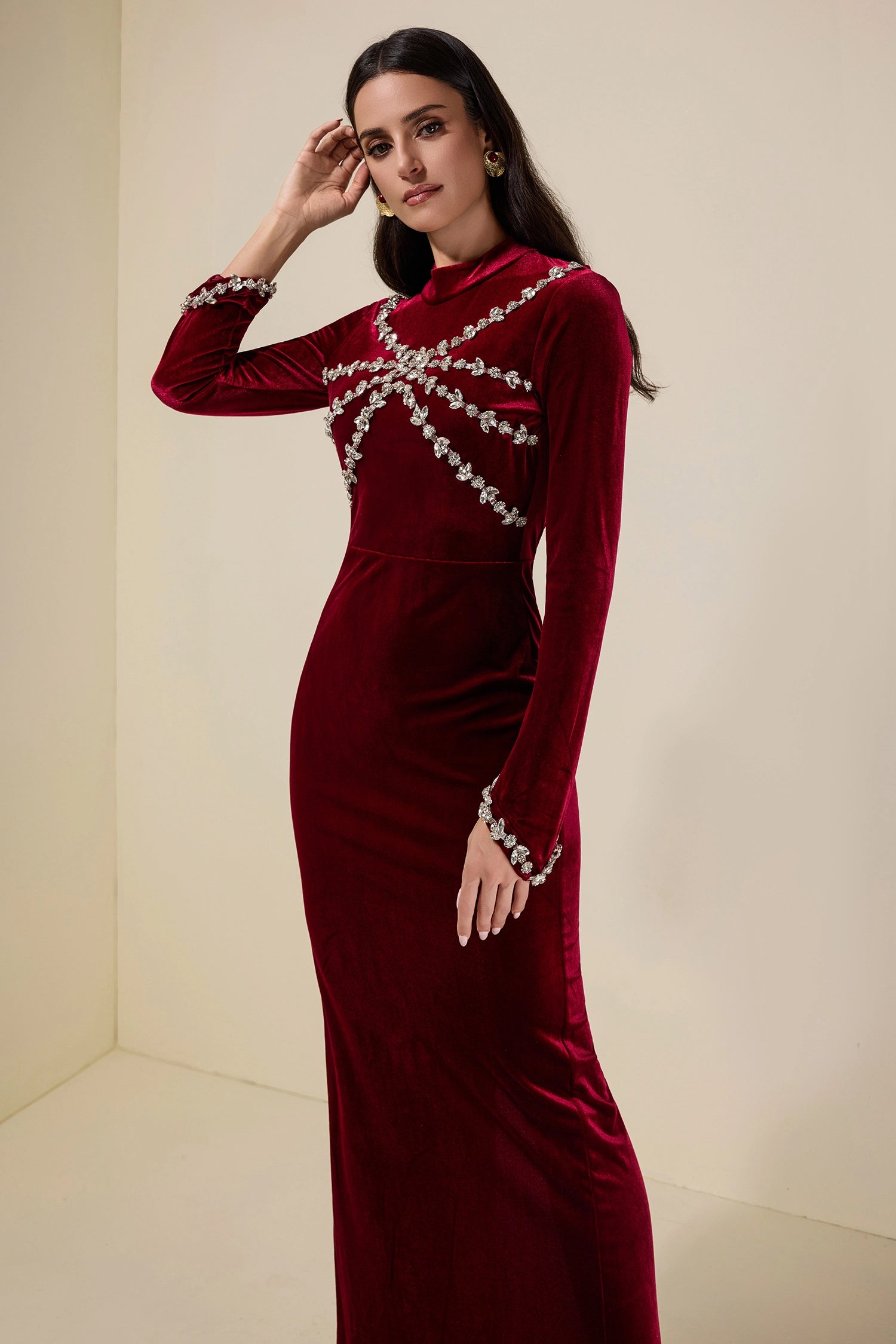 hilary Velvet Rhinestone Long Sleeve Maxi Dress - burgundy