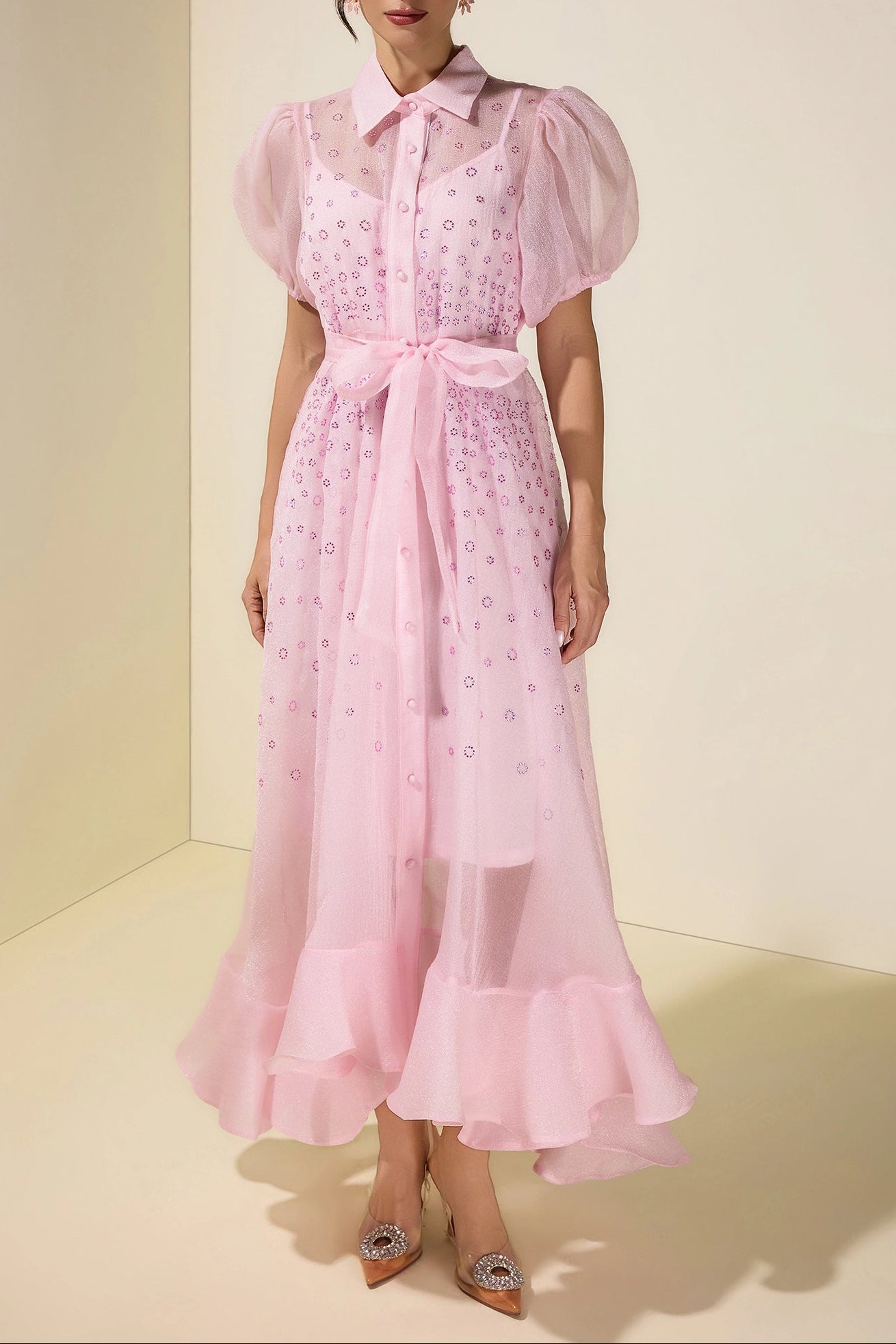 sylvia Rhinestone Puff Sleeve Maxi Dress With Belt - pink