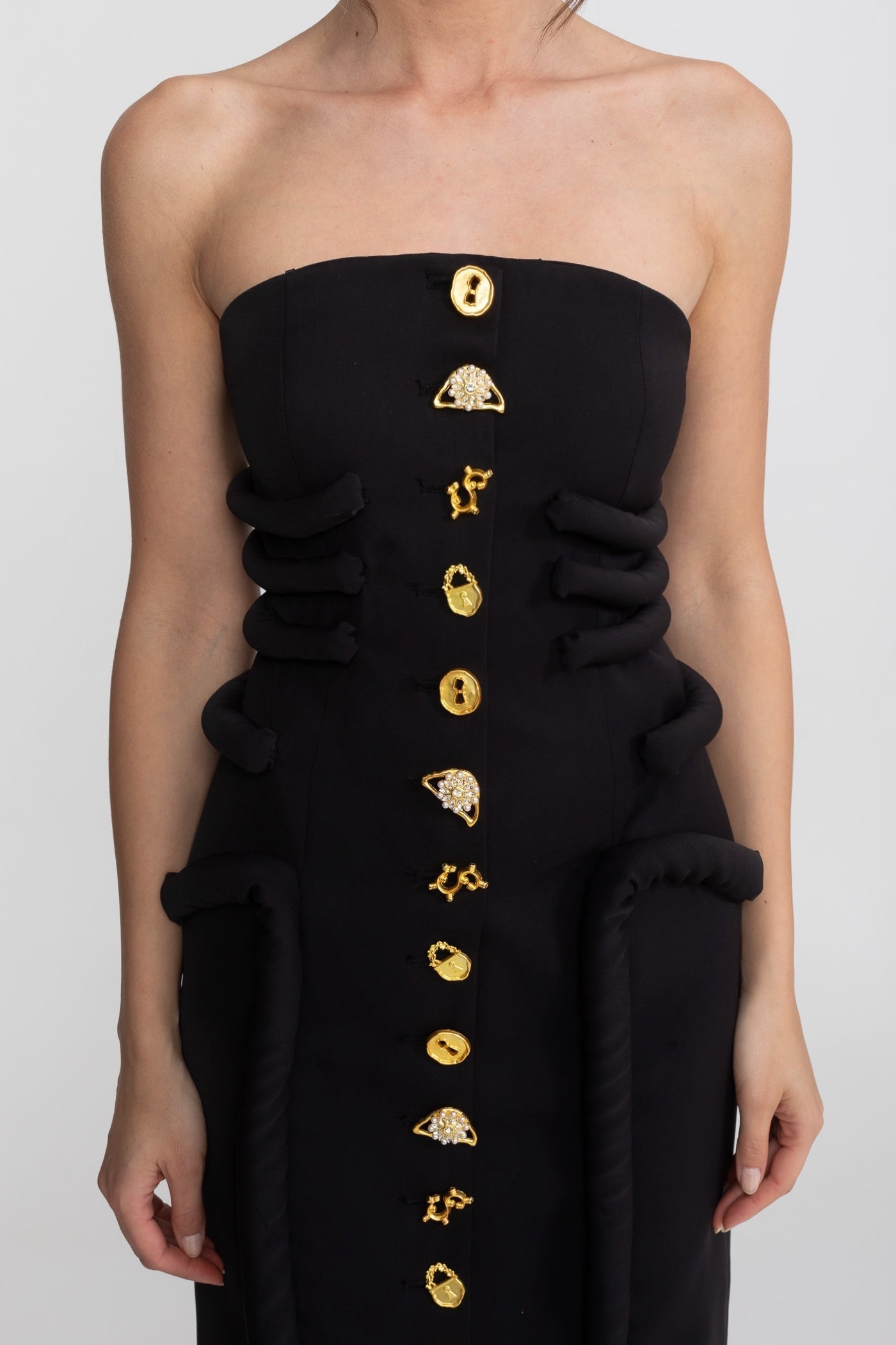 Black Midi Dress With Sculptural Knotted Bodice Detail And Jewel Buttons - Black