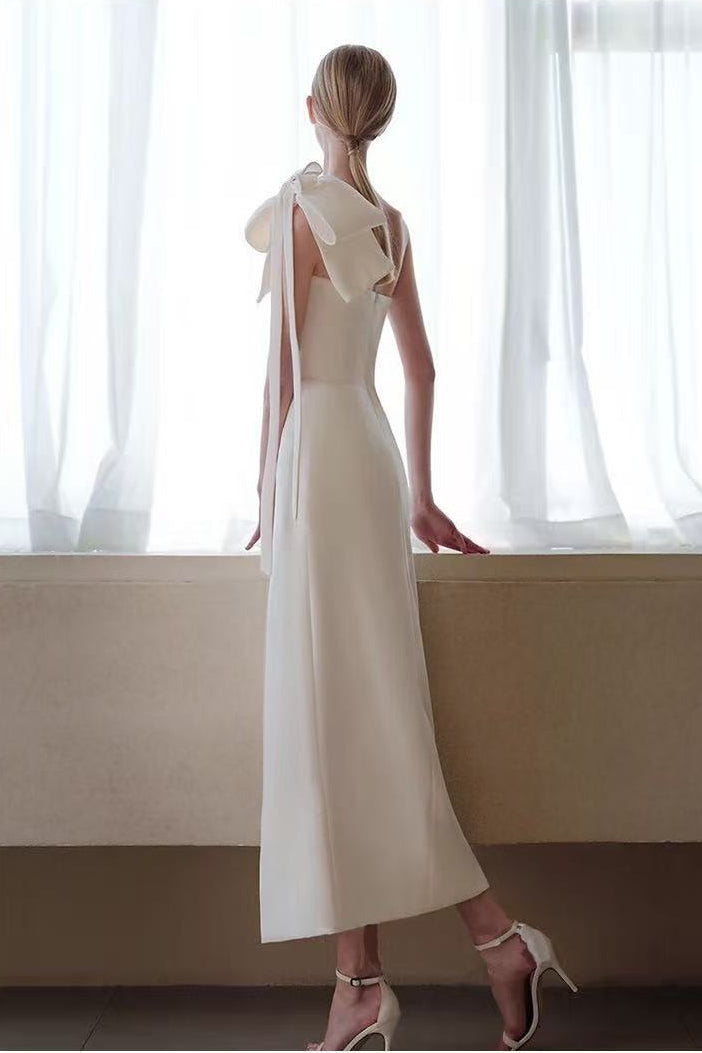Estelle White Off Shoulder Satin Midi Dress with Bow